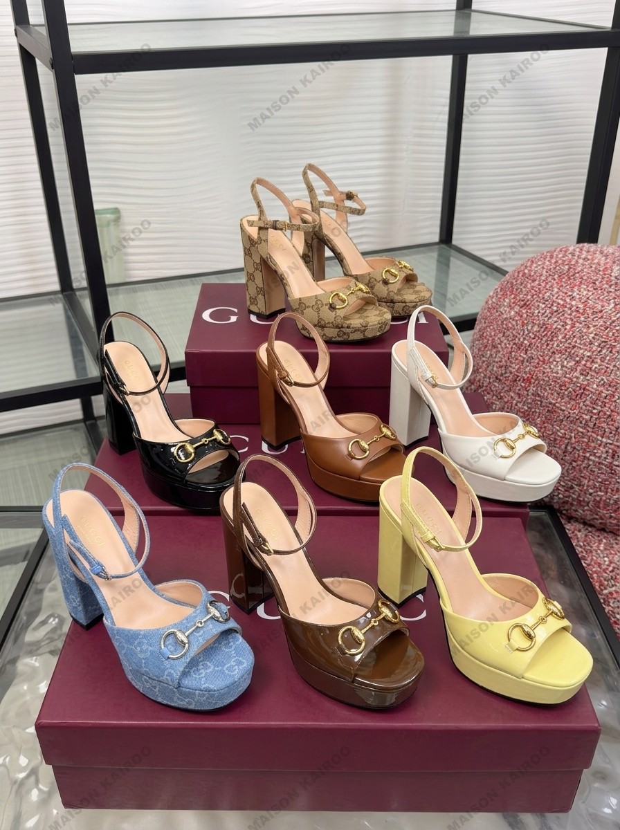 Gucci Horsebit Gucci GG Supreme Canvas& Patent &Smooth Leather Ankle Strap Platform Block Heel Sandals - KAIROO