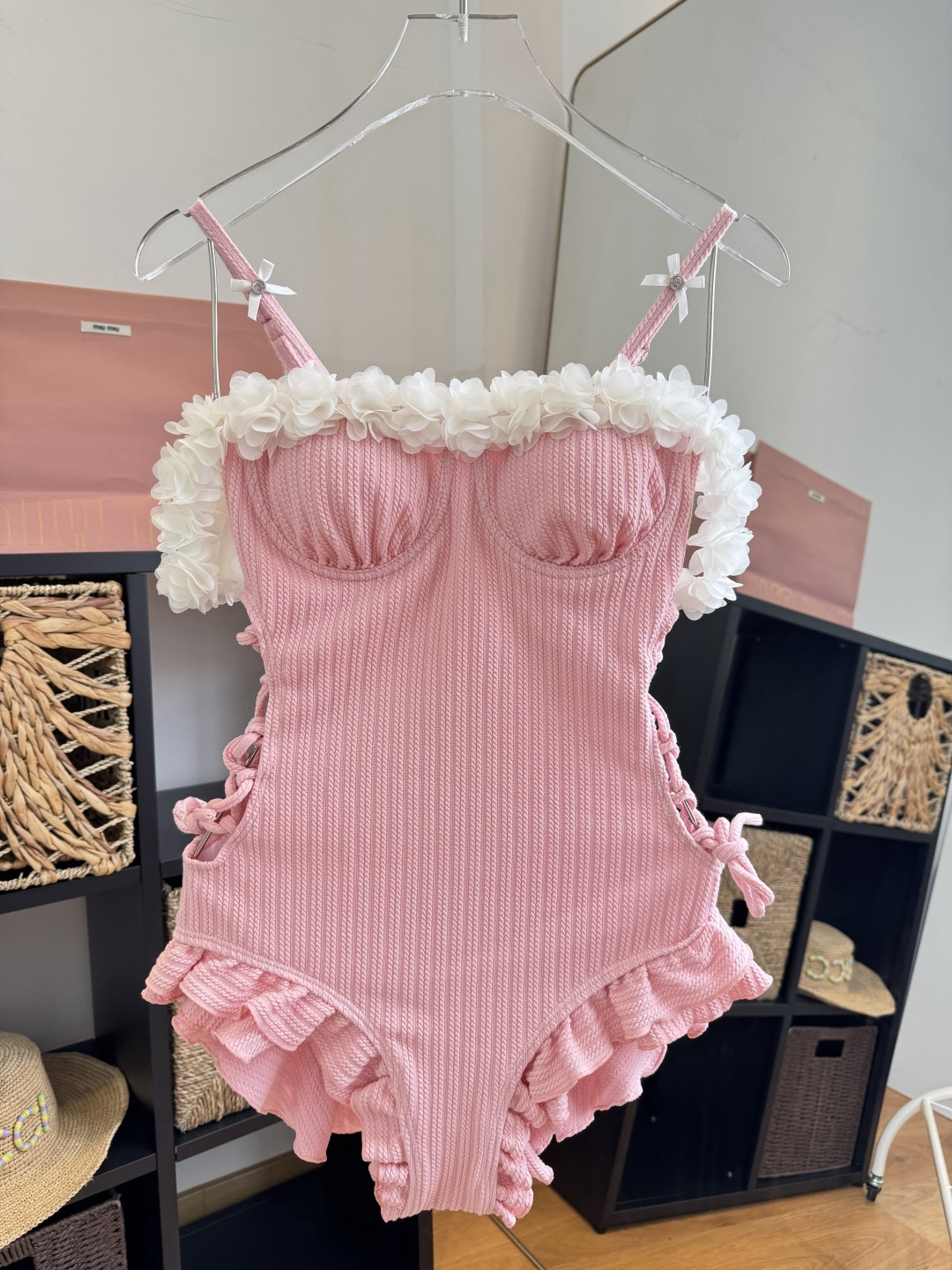 Miu Miu Pink Textured Off-Shoulder 3D Floral Trim Ruffle Side Cutout One-Piece Swimsuit - KAIROO