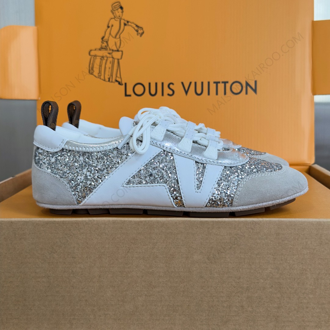 Louis Vuitton LV Monogram Glitter Silver Suede Leather Side Run Away Low Top Ballet Sneakers - KAIROO