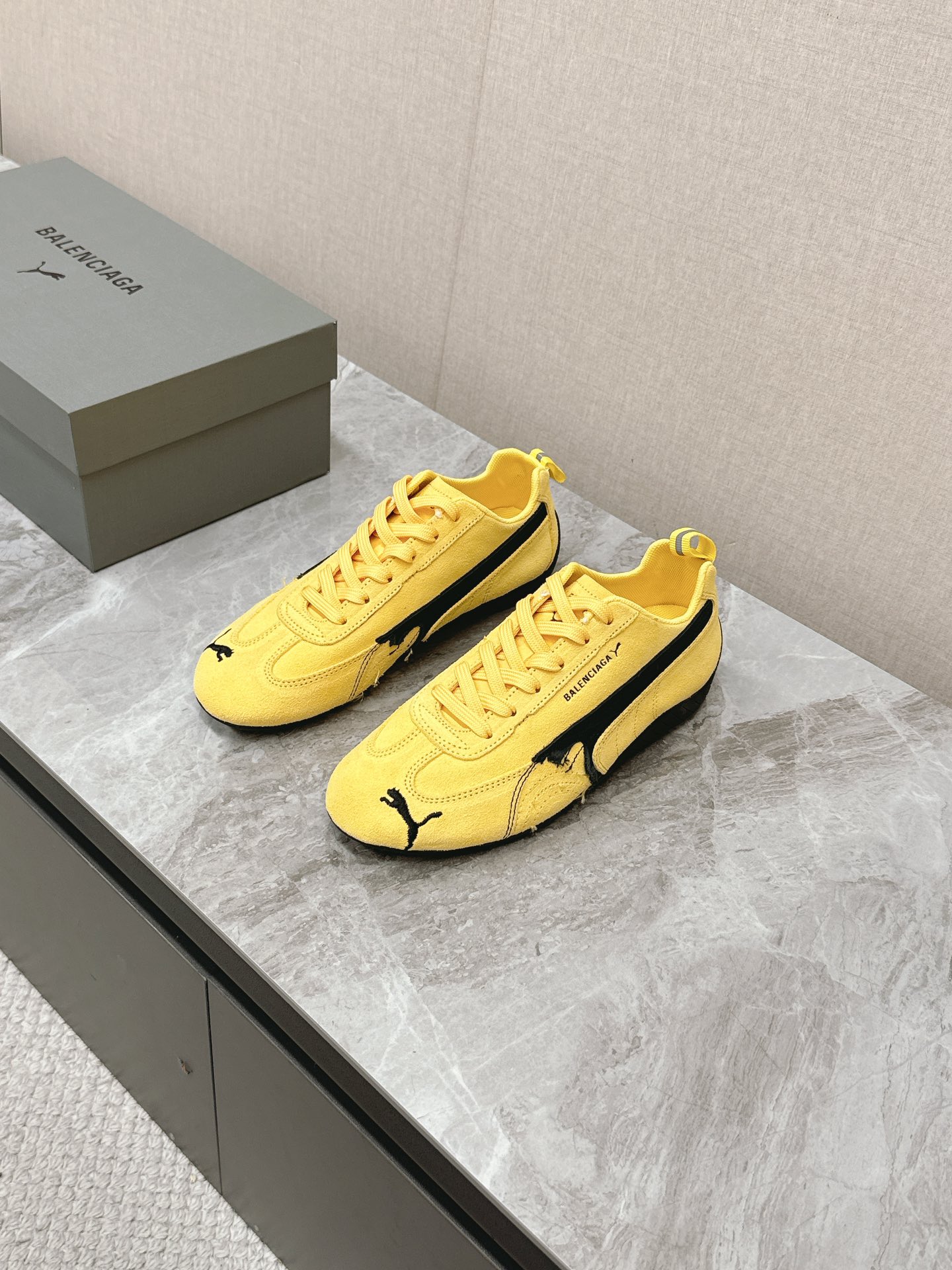 Balenciaga x Puma Yellow Worn-Out Broken Logo Leather Suede Speed GAT Sneakers - KAIROO
