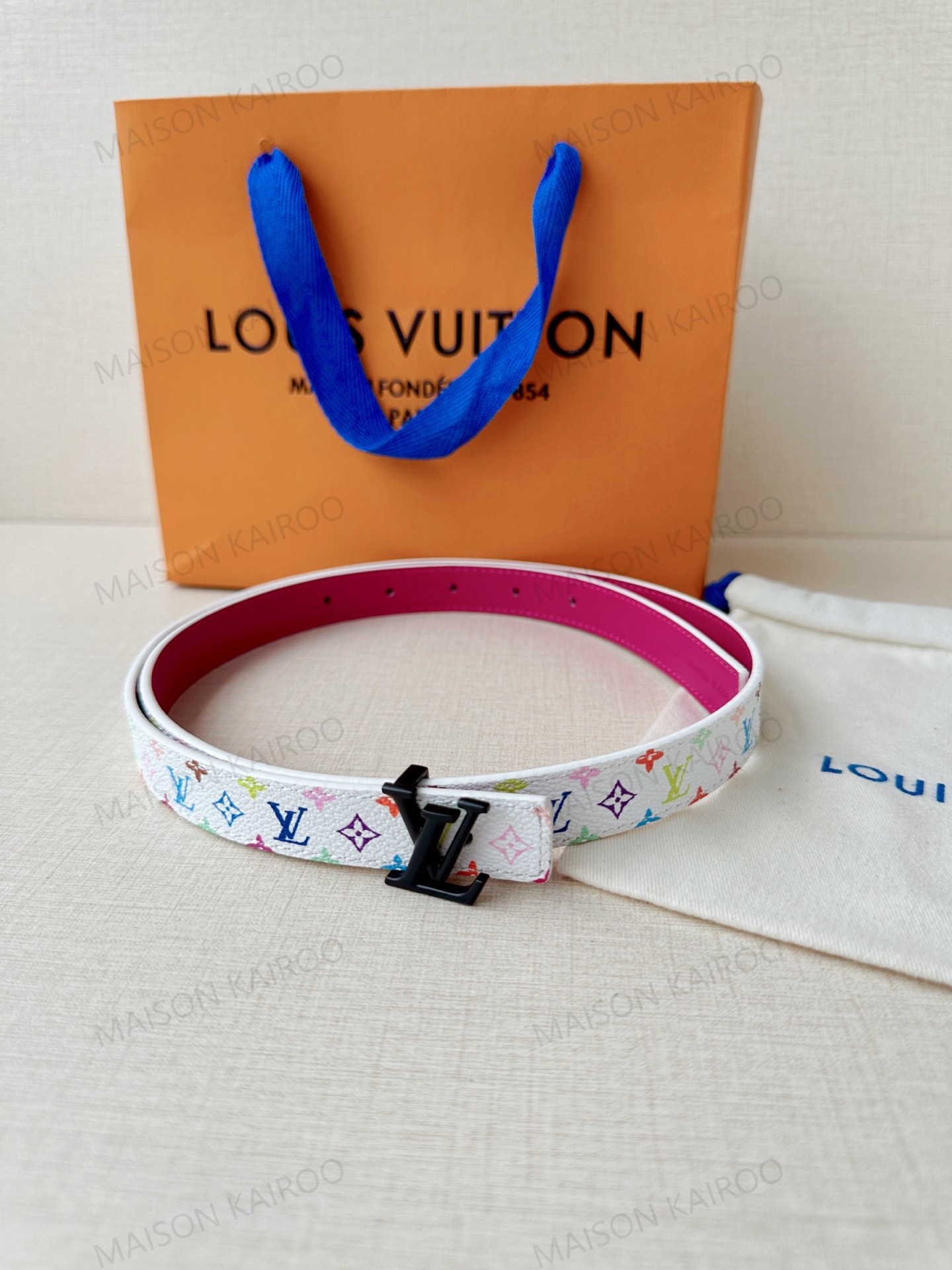 Louis Vuitton LV White Multicolor Monogram Matte Black LV Logo Slim Belt 2.0 - KAIROO