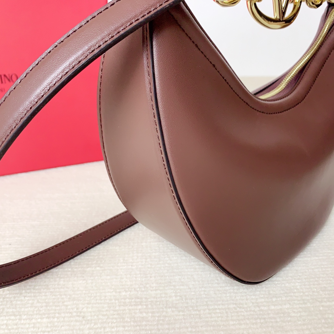 Valentino Small Vlogo Moon Hobo in Smooth Calfskin-Dark brown