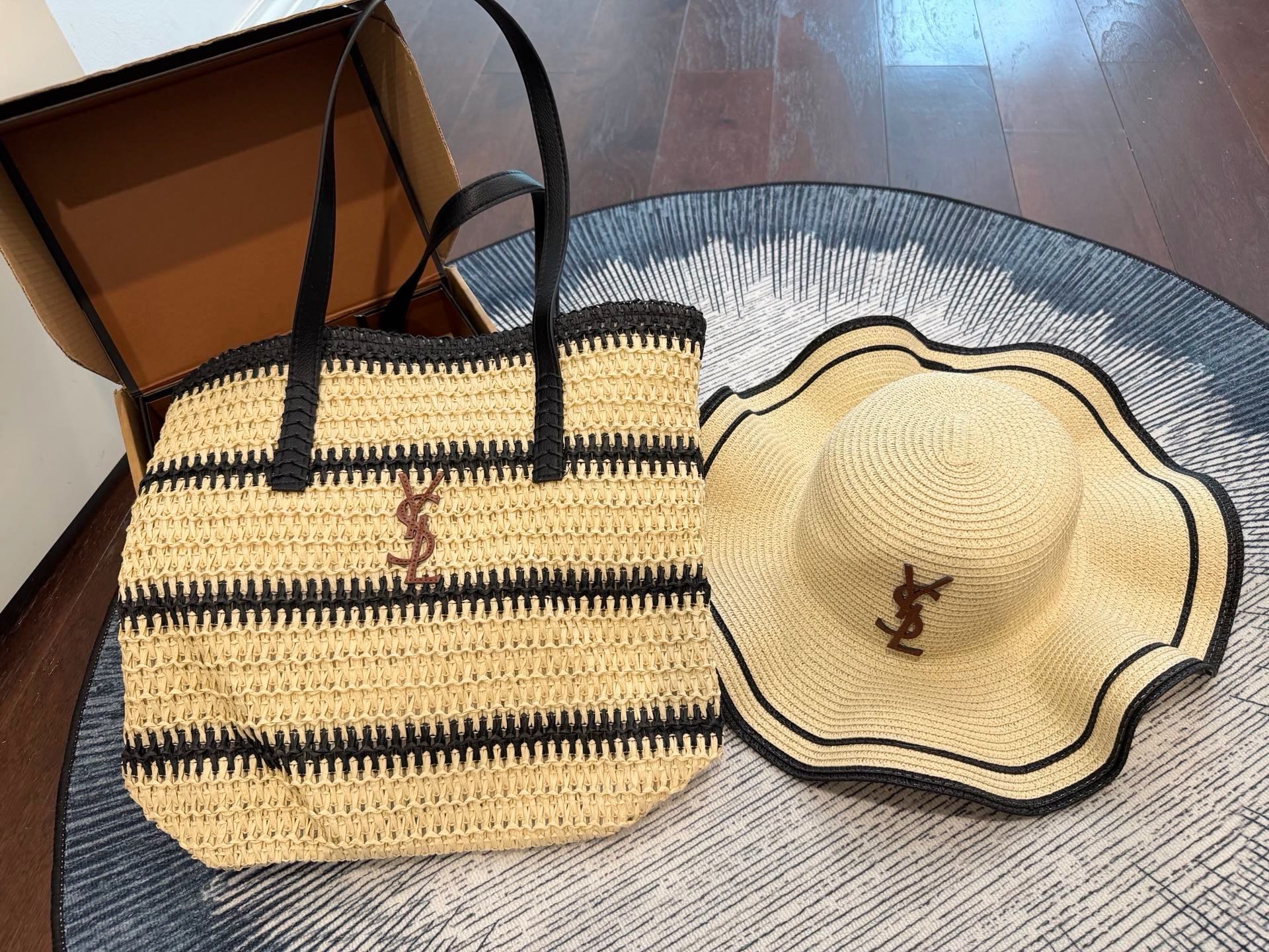 Saint Laurent YSL Black Striped Woven Raffia Leather Logo Straps Tote Bag & Wavy Brim Sun Hat Set - KAIROO
