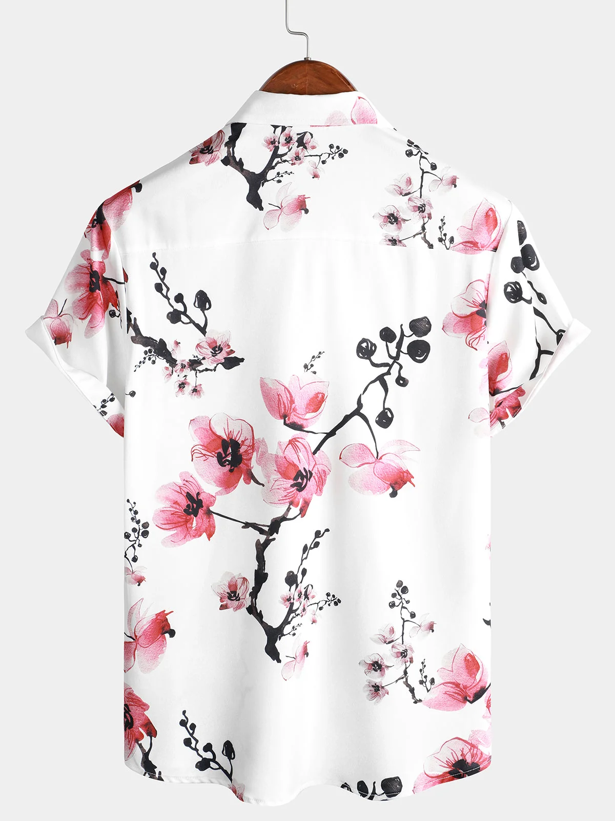 Men's Pink Floral Cherry Blossom Print Casual Short Sleeve Shirt