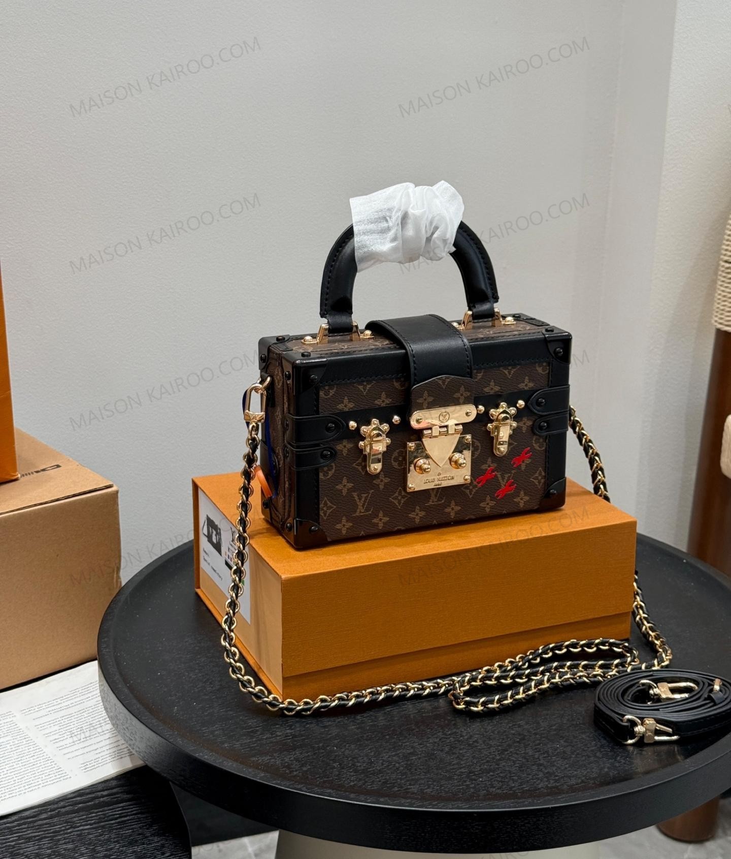 Louis Vuitton LV Petite Malle Handheld Trunk Dark Brown Monogram Canvas Hard S-Lock Crossbody Bag - KAIROO
