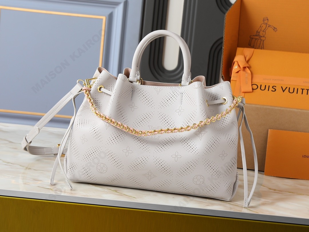 Louis Vuitton LV Mahina Bella Tote Grey Circle Perforated Monogram Leather Drawstring Bucket Top Handle Bag - KAIROO