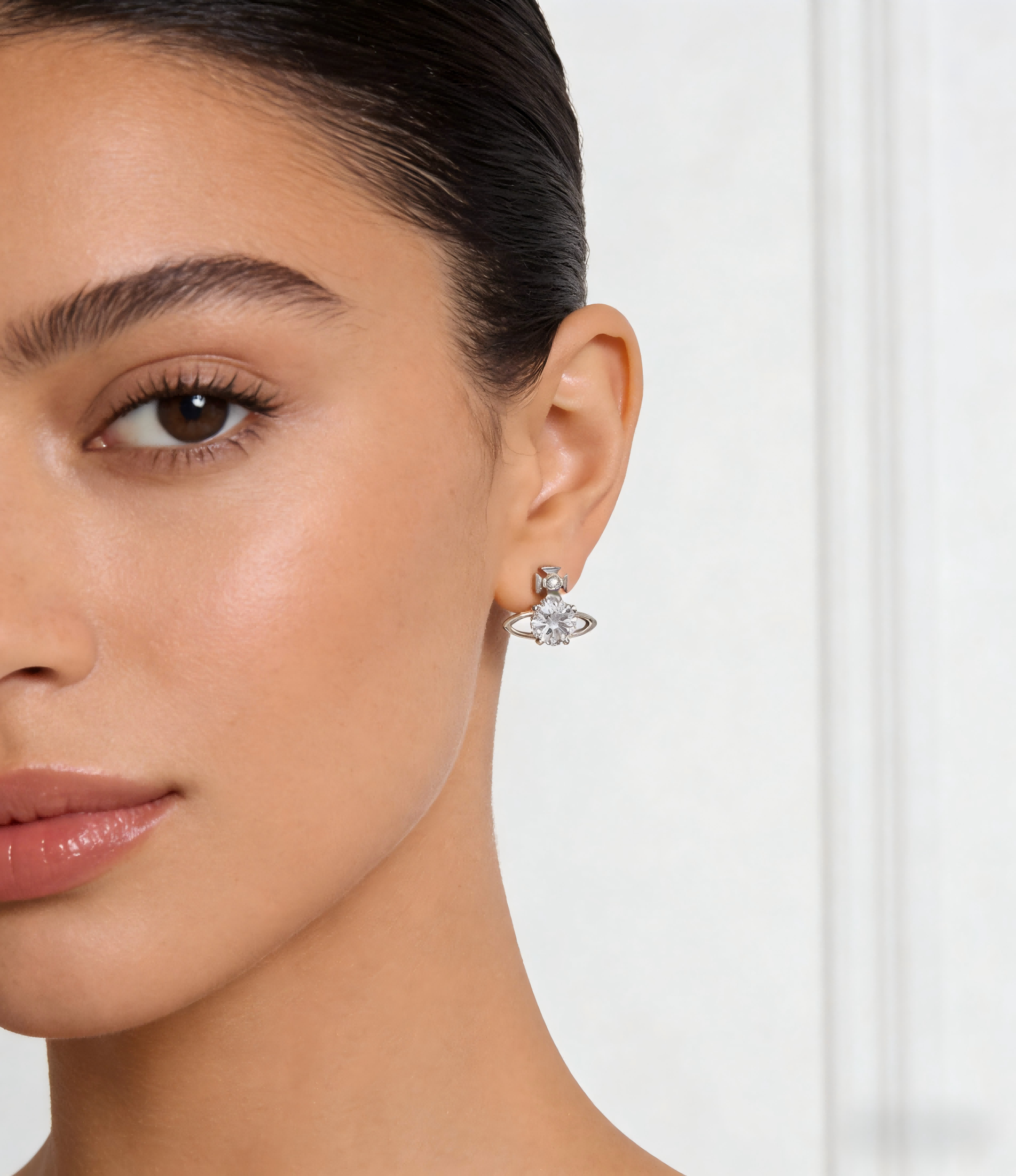 2026 New Vivienne Westwood Clear Crystal Saturn Orb Stud Earrings for Women, Silver Tone, Trendy Y2K Aesthetic Ear Accessories