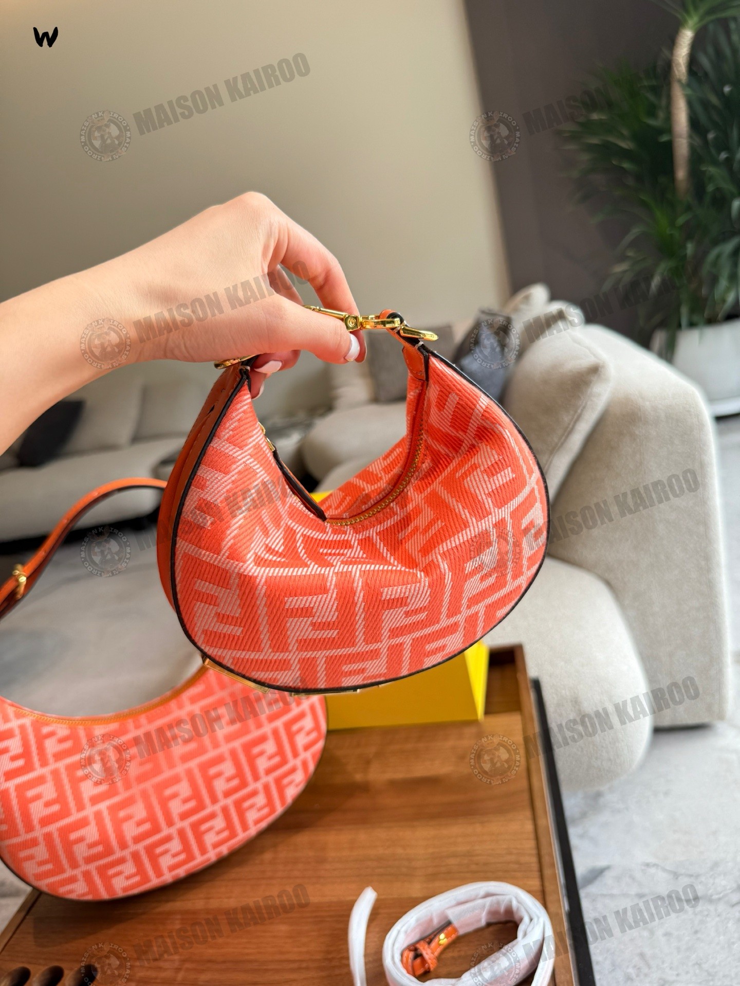 Fendi Fendigraphy FF Mini/Small Orange Jacquard Crescent Hobo Bottom Gold Lettering Logo Shoulder Bag - KAIROO