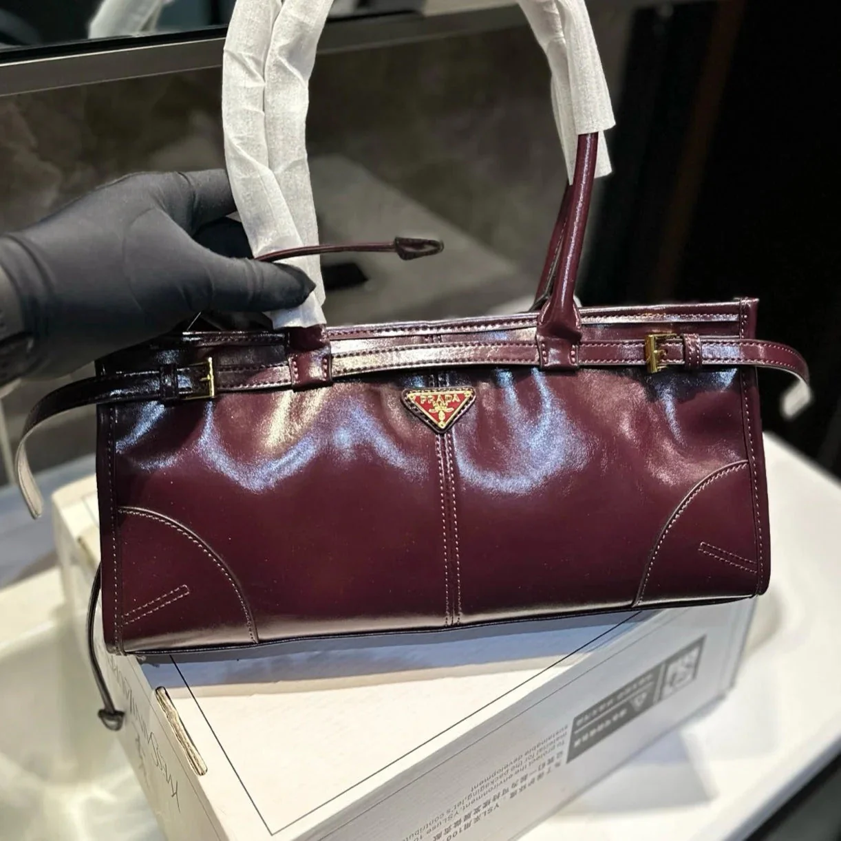 Prada BONNIE SOFT LUX HANDBAG 32 IN BURGUNDY RED PATENT CALFSKIN