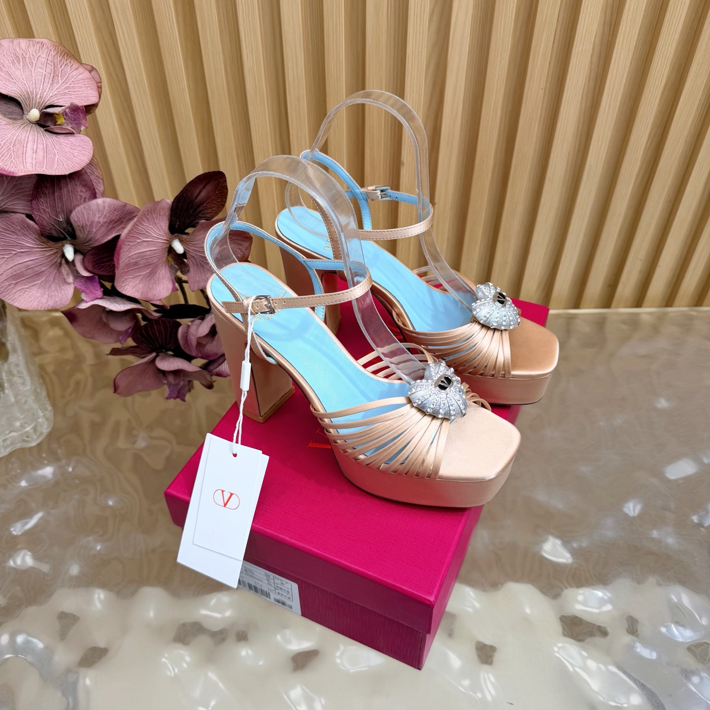 Valentino Garavani Champagne VLogo Crystal Brooch Satin Multi Straps Platform Square Toe Chunky Heel Sandals - KAIROO