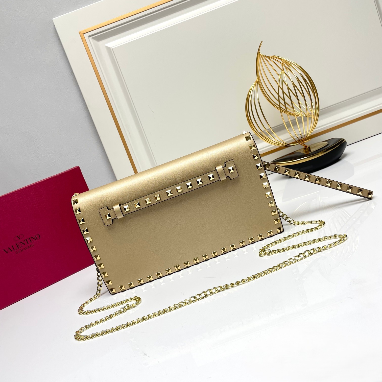 Valentino Rockstud Metallic Gold Leather Studs Flap Wristlet Strap Clutch Chain Envelope Crossbody Bag - KAIROO