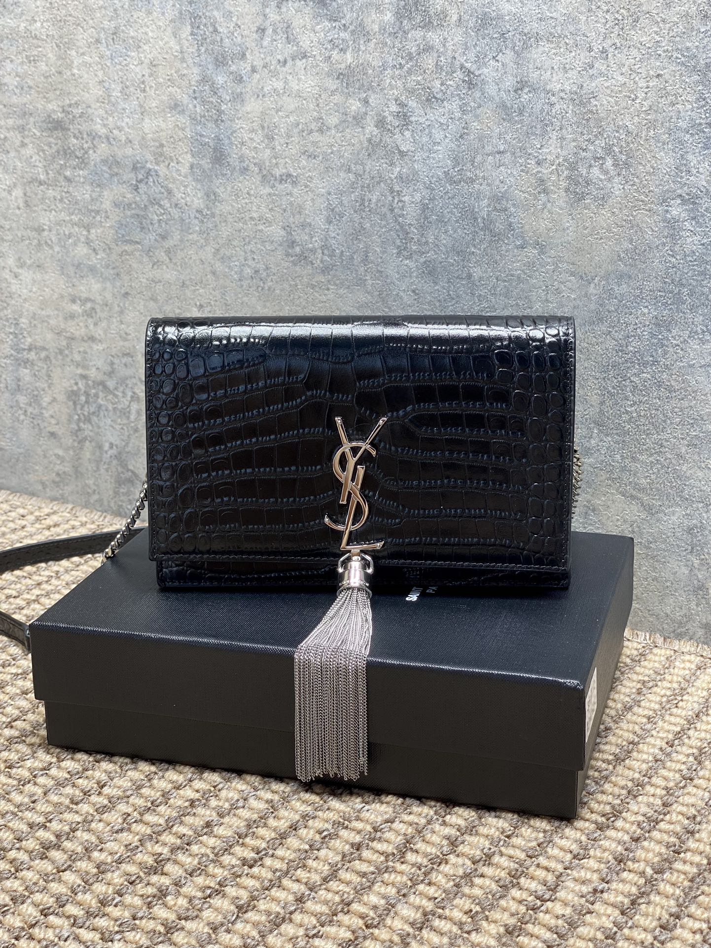 Saint Laurent Rectangular Croc-Embossed Leather Chain Shoulder Bag with Silver Tassel - KAIROO