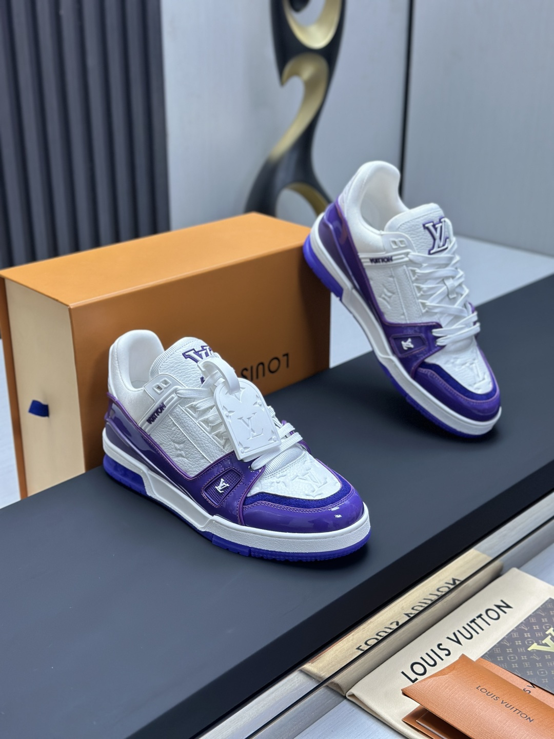 Louis Vuitton Purple Monogram Embossed Patent Leather LV Trainer Low Top Chunky Skate Sneakers - KAIROO