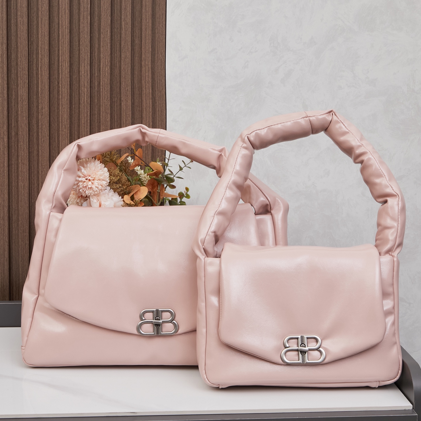 Balenciaga Monaco Pink Padded Slouchy Leather BB Logo Puffy Handle Shoulder Tote Bags - KAIROO