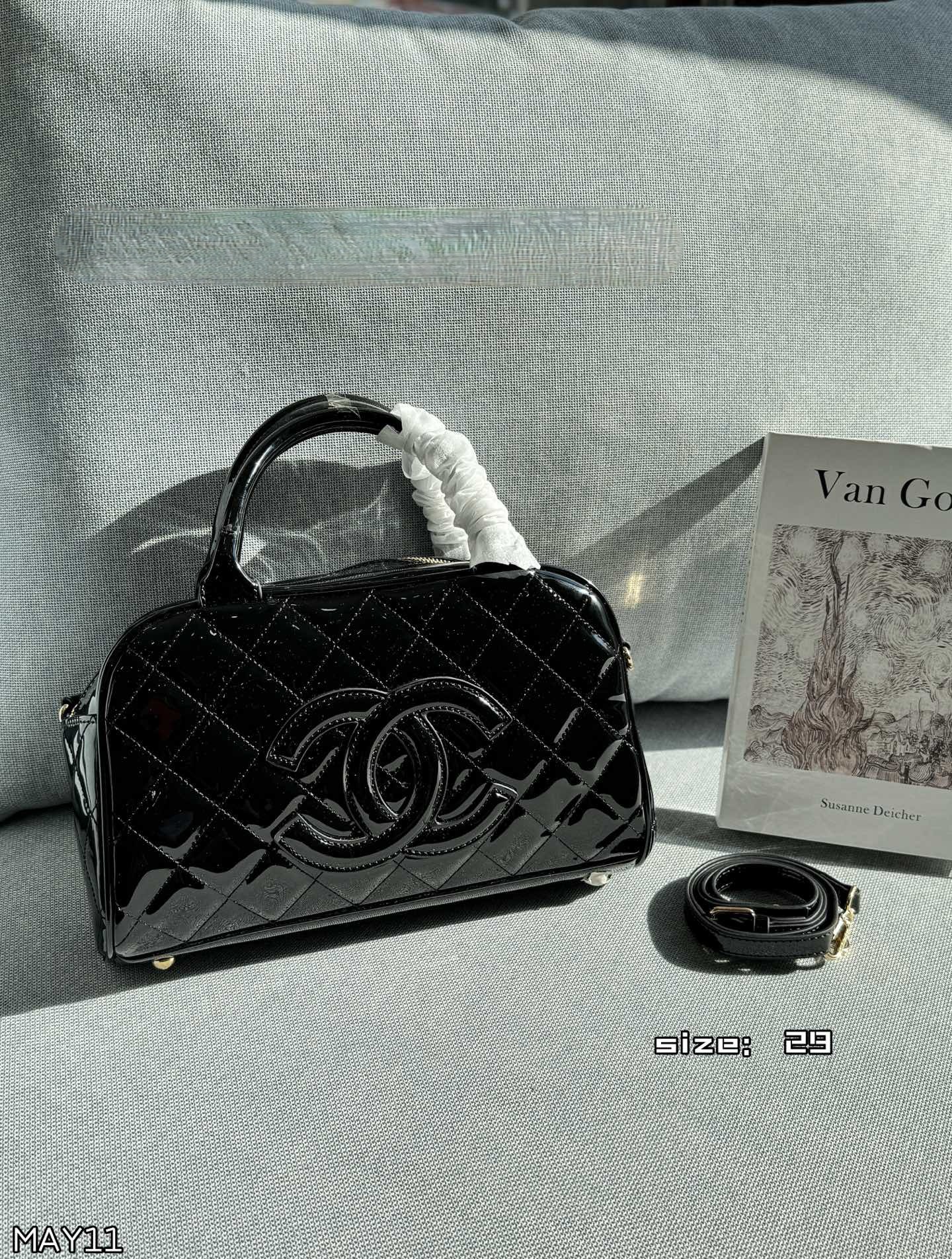 Chanel 29 Large Patent Quilted Leather Oversized CC Logo Bowling Top Handle Pillow Dome Bag - KAIROO