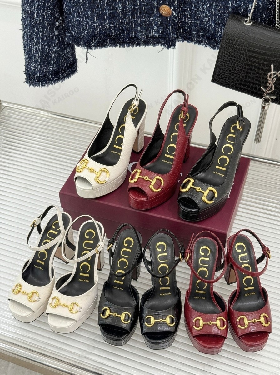 Gucci Horsebit Crocodile Embossed Leather Square Toe & Pointed Toe Ankle Strap Platform Block Heel Sandals - KAIROO