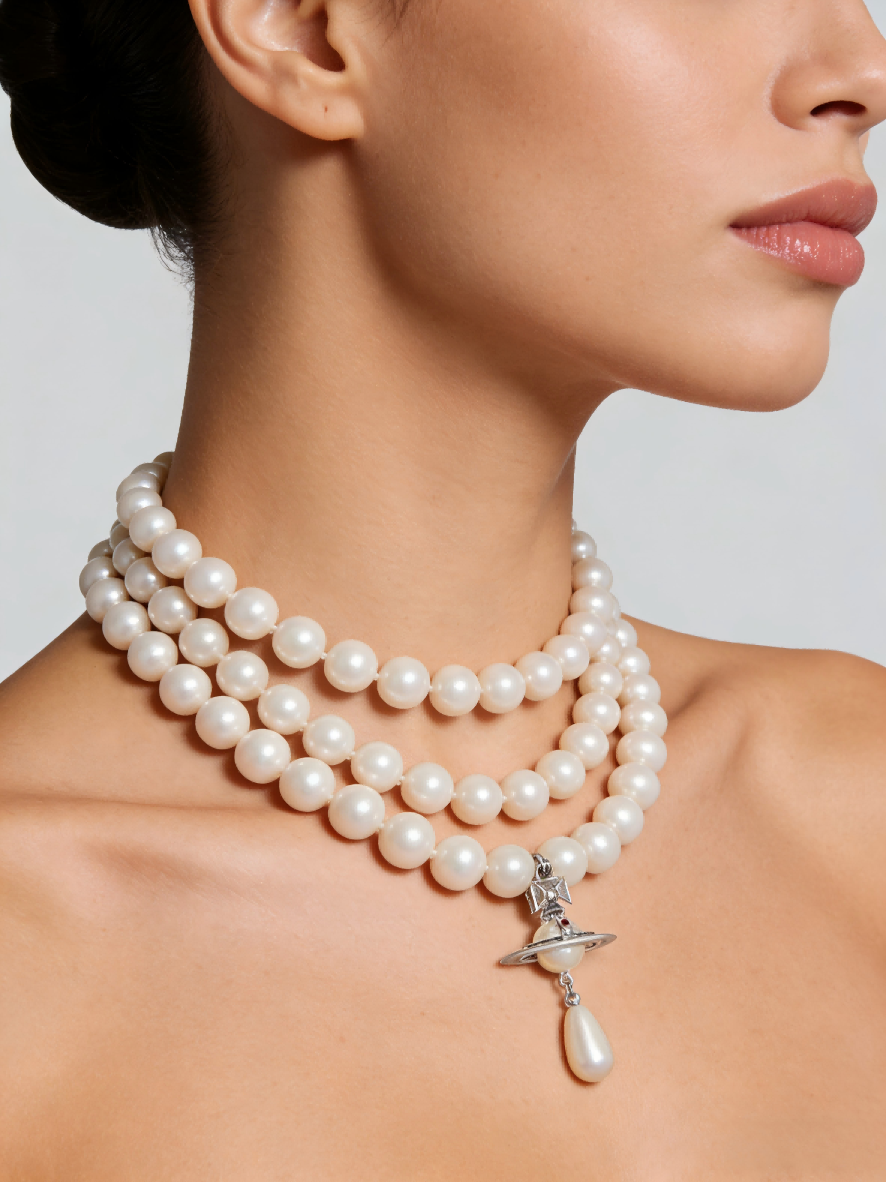 Luxury Triple Layer Pearl Necklace with Orb Pendant | Elegant Silver Choker with Teardrop Pearl Drop