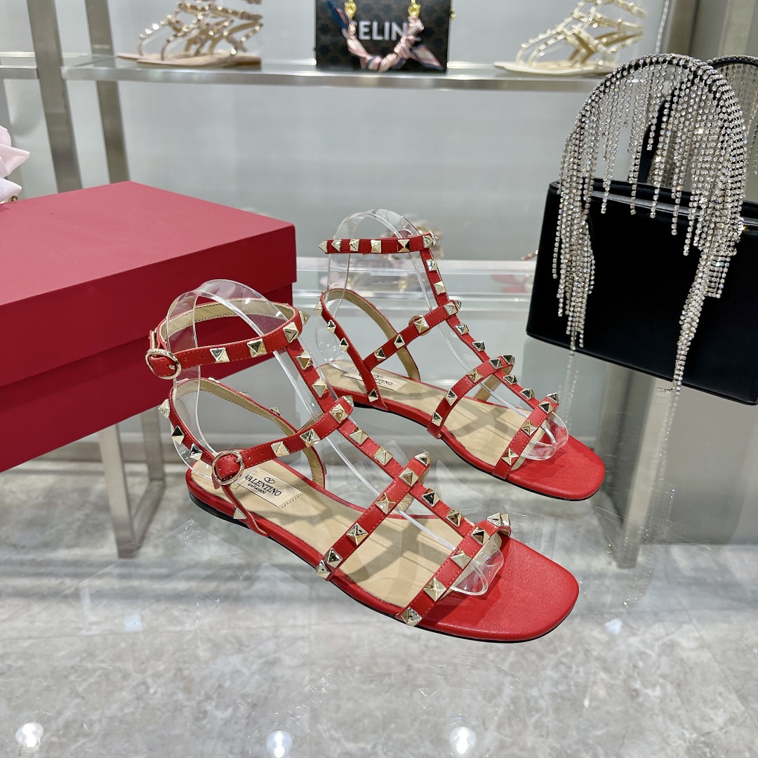 Valentino Rockstud Red Leather Cage Triple Buckle Multi-Strap Studded Flat Sandals - KAIROO