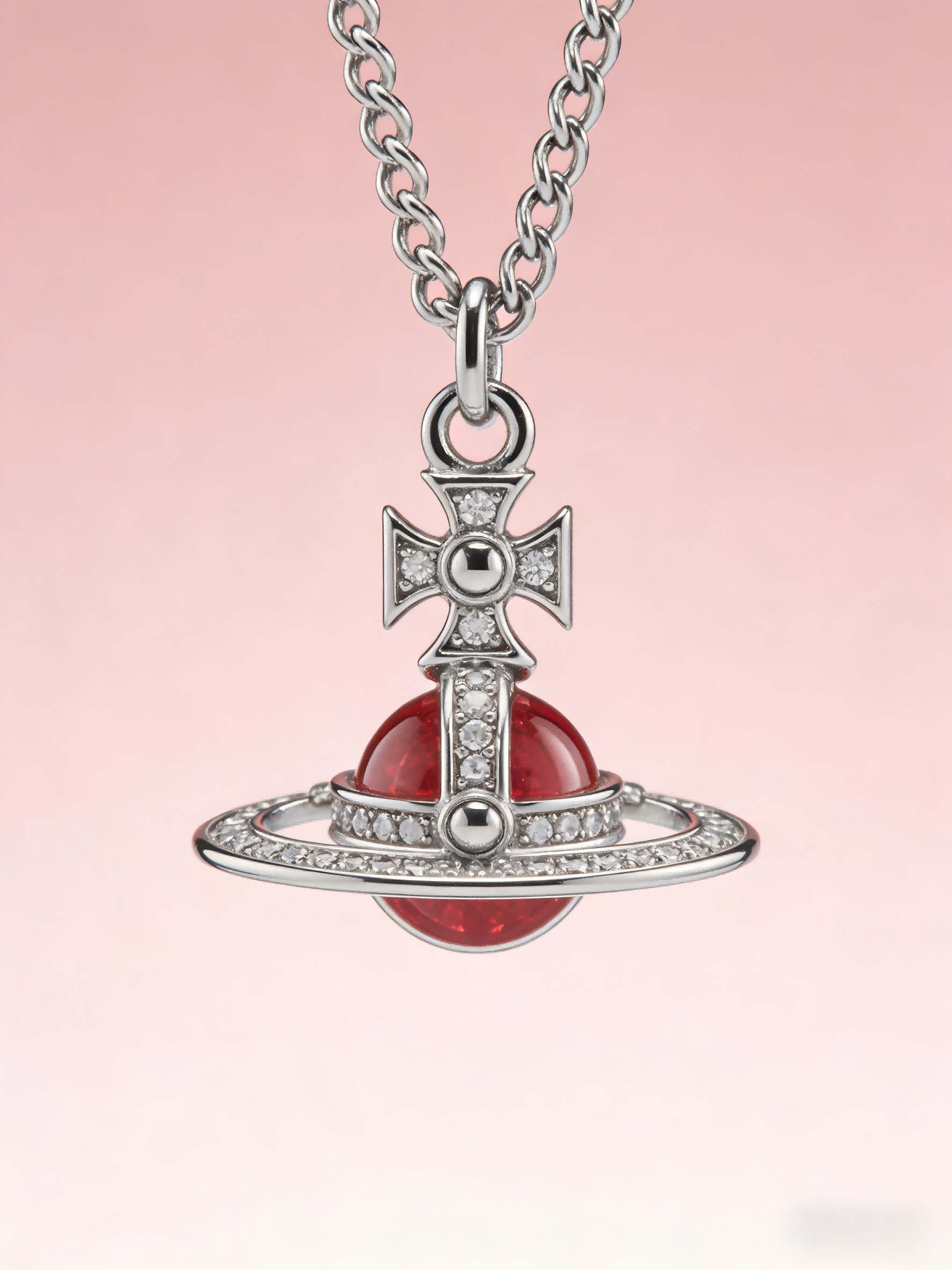 Trendy Red Orb Pendant Necklace for Women – Silver-Tone Chain with Sparkling Stone Accent, Y2K Aesthetic Jewelry for Party & Daily Wear