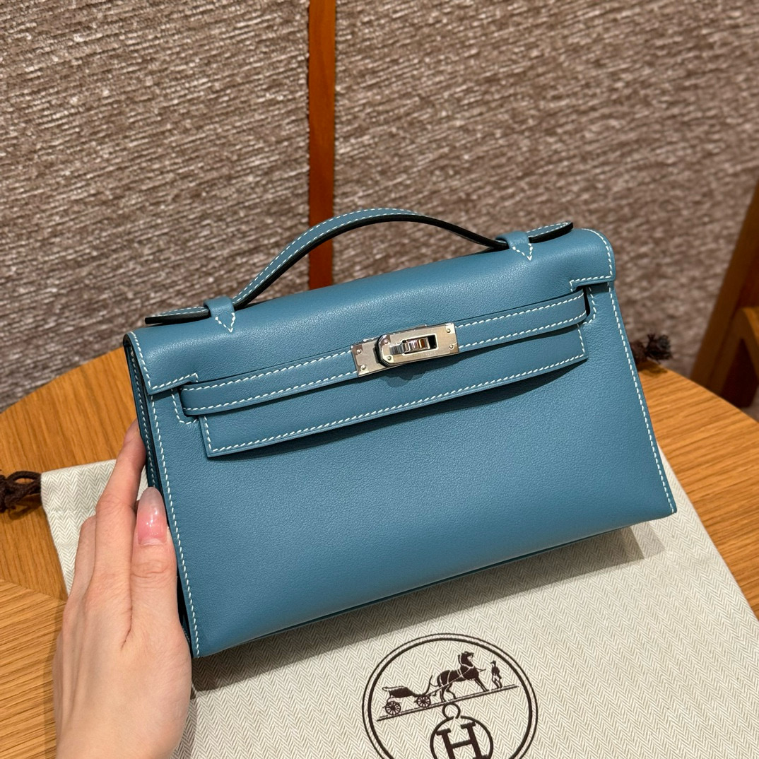 Hermes Blue Jean Swift Kelly Pochette