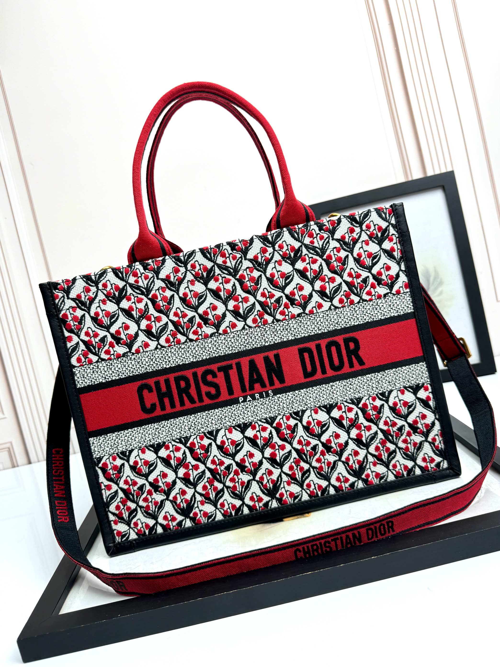 Dior Embroidered Canvas Medium  Book Tote with shoulder strap