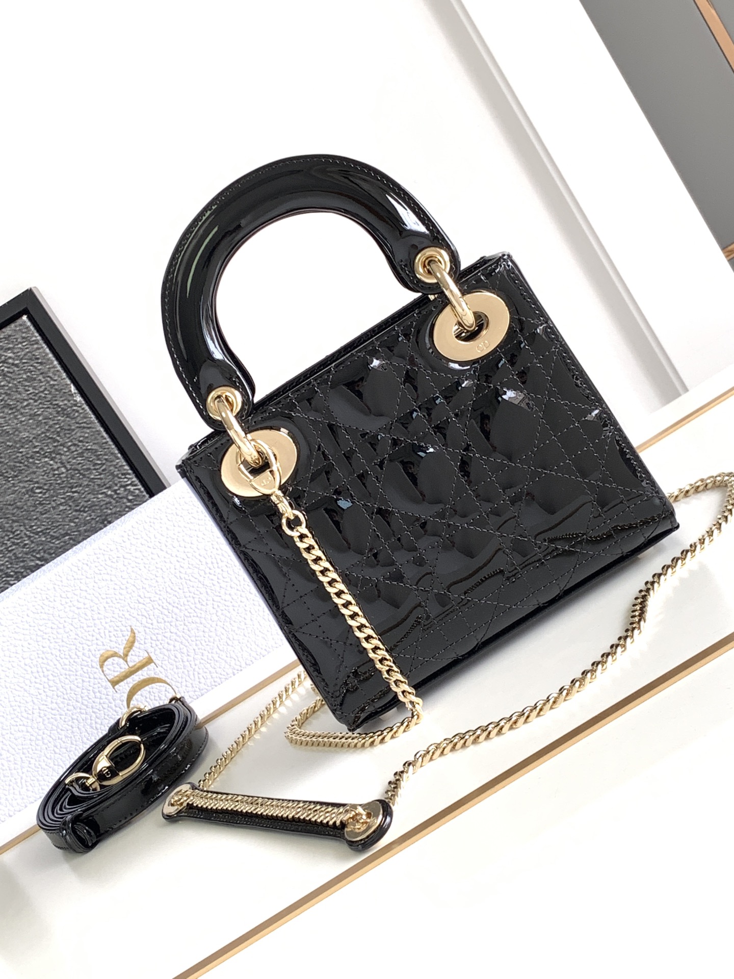 Mini Lady Dior Bag in Black Patent Cannage Calfskin