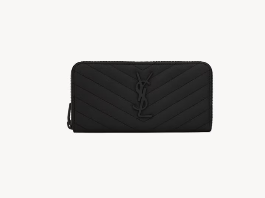 Saint Laurent Black Cassandre Zip Around Wallet in Grained leather