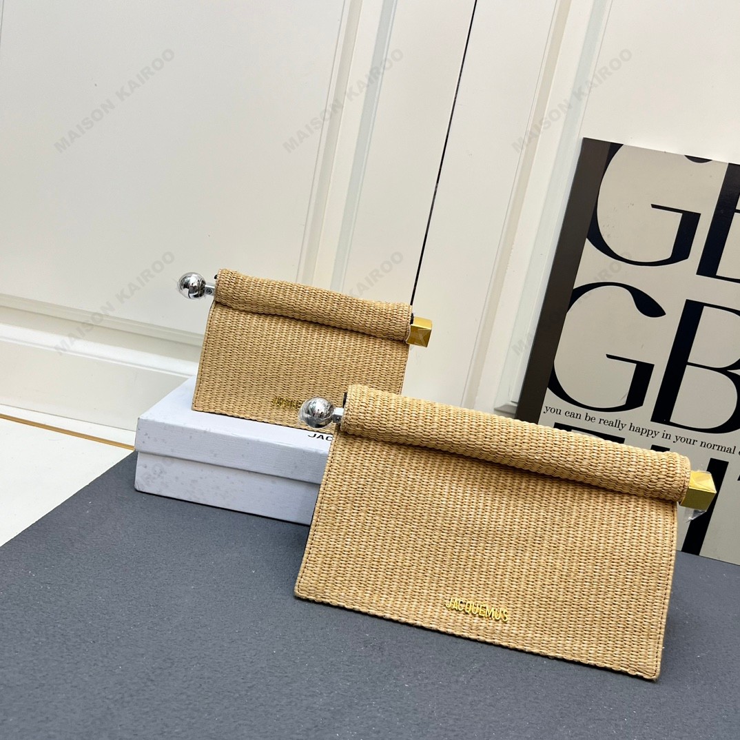 【10A】Jacquemus La Pochette Rond Carré Natural Raffia Woven Roll Top Takeout Clutch Shoulder Bag - KAIROO