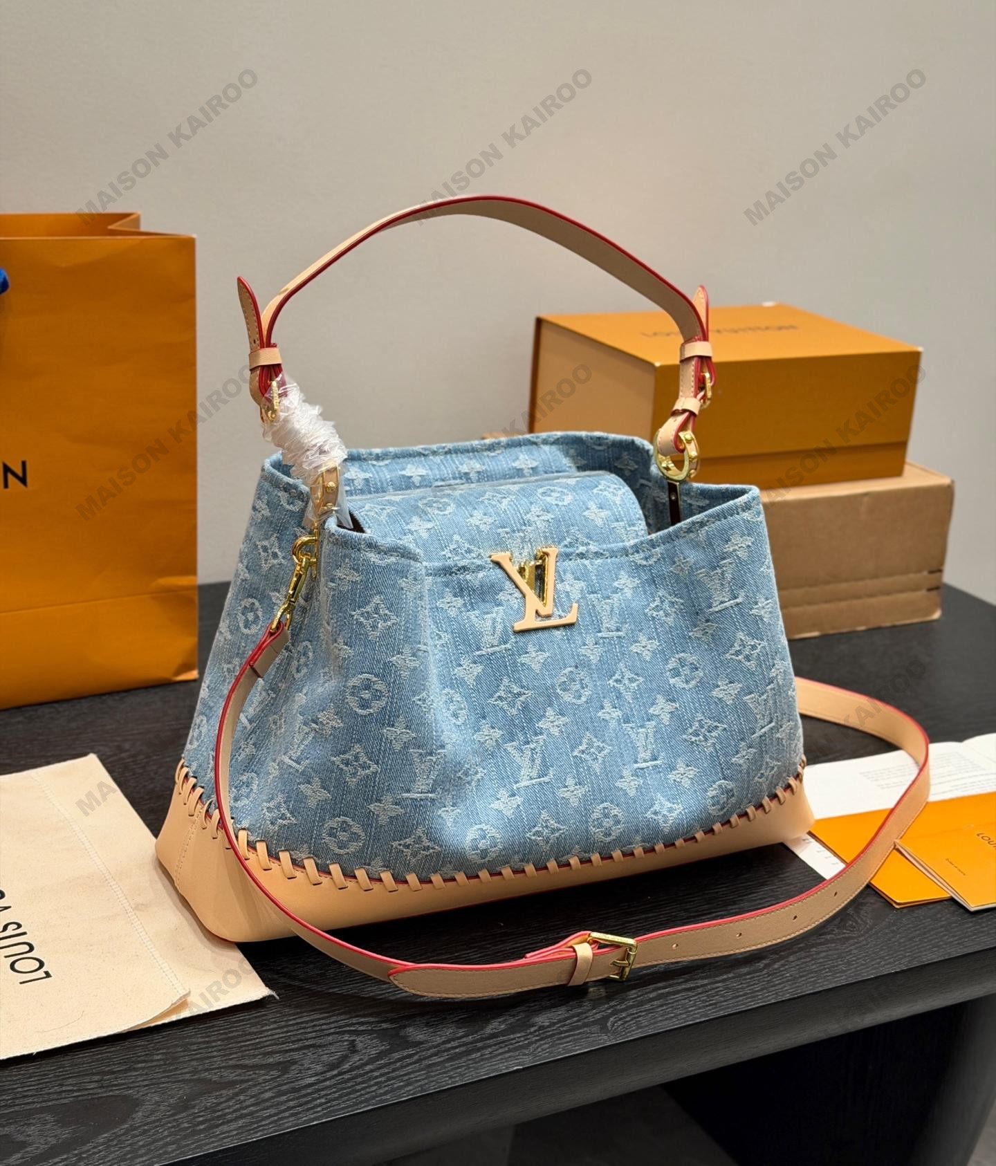 Louis Vuitton LV Capucines Weekender Monogram Denim Blue Vachetta Stitch Hobo Tote Top Handle Bag - KAIROO