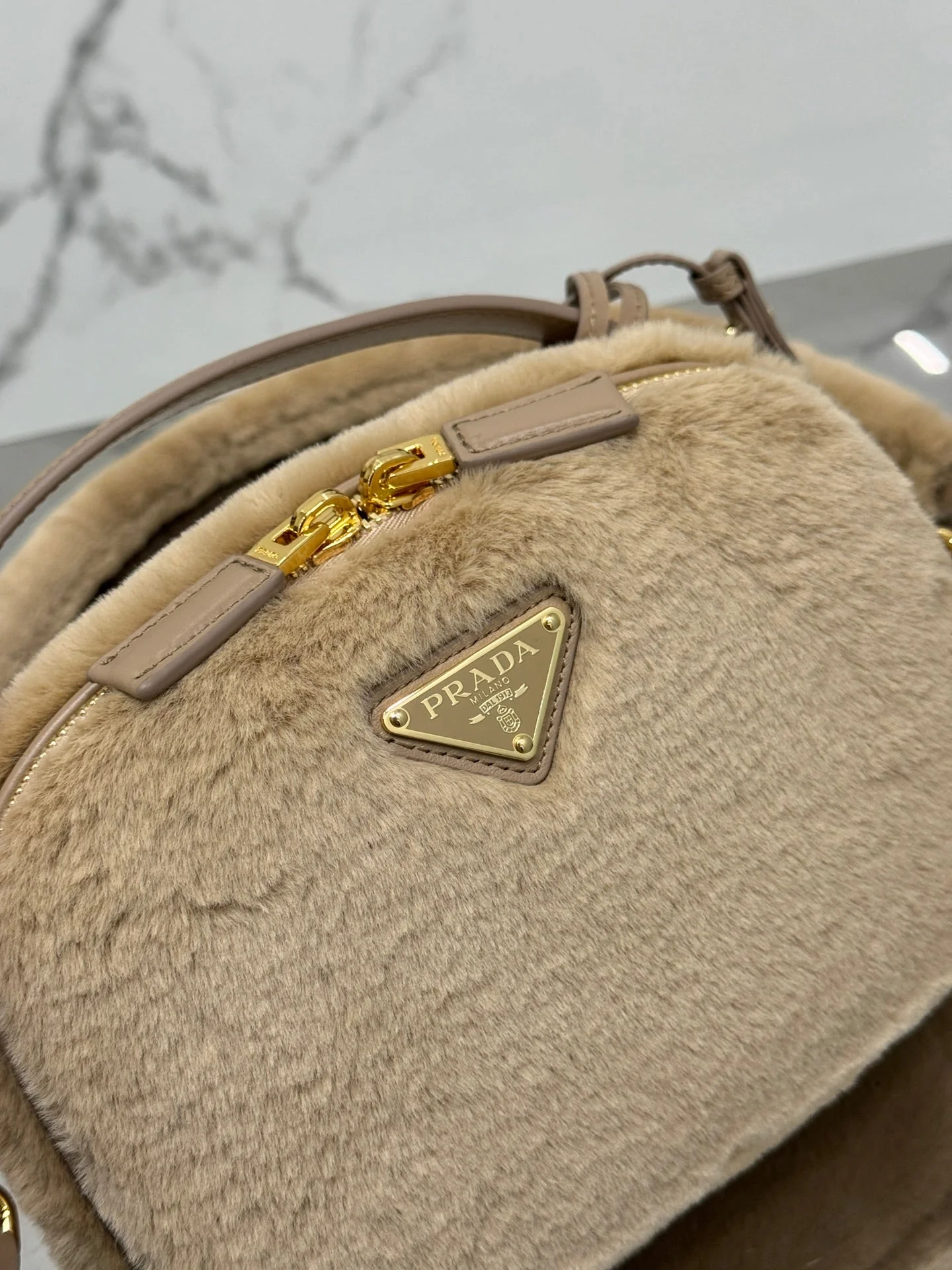 Prada MINI SHOULDER BAG 19 IN BEIGE RABBIT FUR