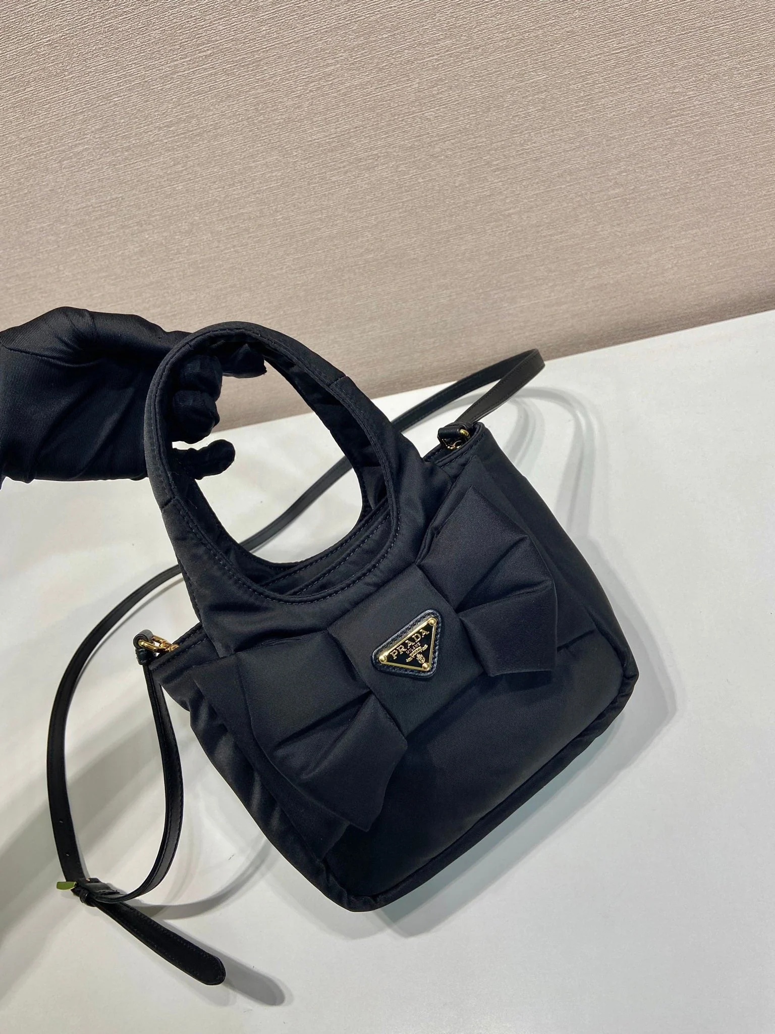 Prada MINI BOW TOTE BAG 18 IN BLACK PADDED NYLON FABRIC