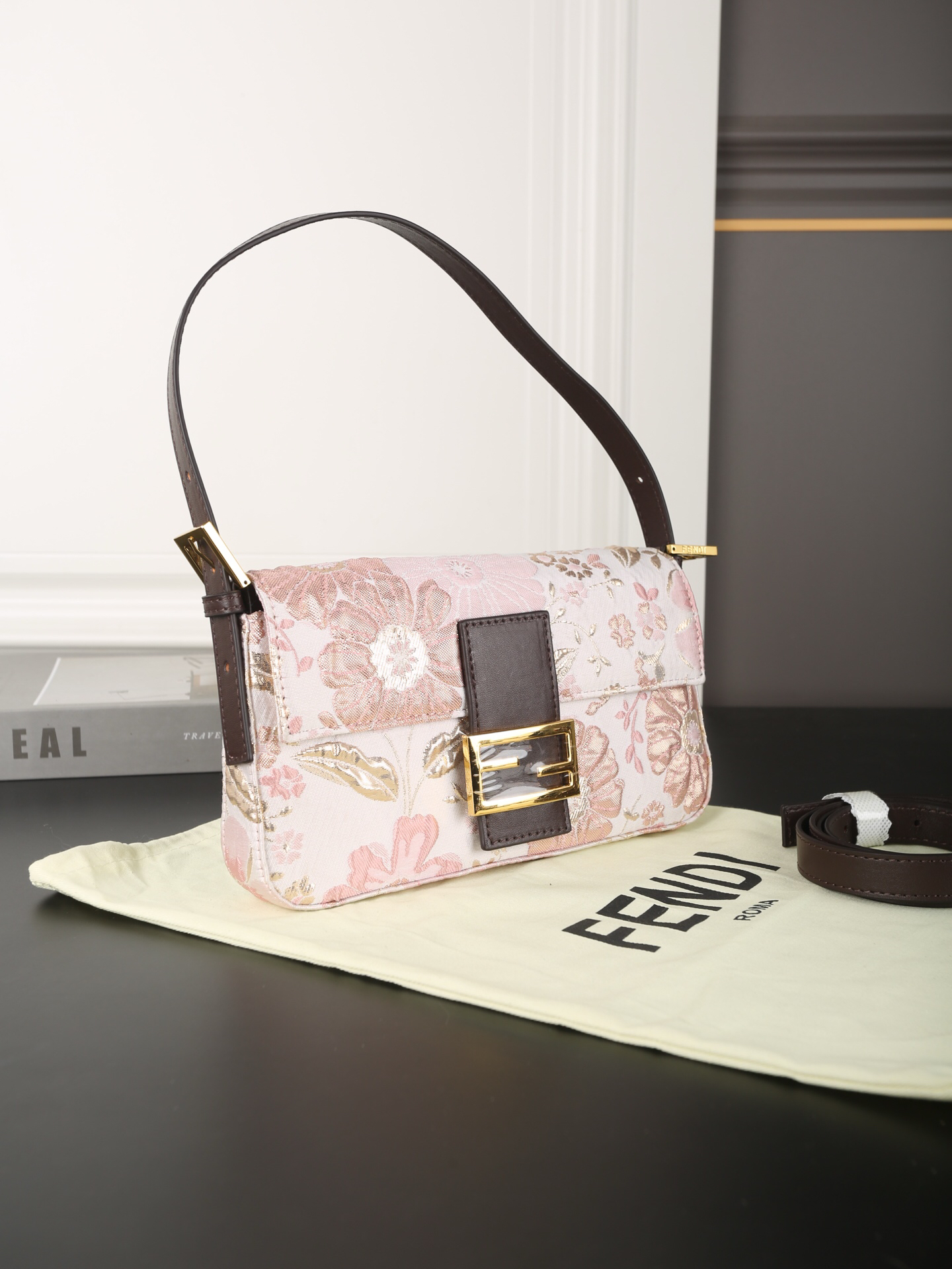 Fendi Girly Pink Floral Embroidered Monogram Baguette Shoulder Bag - KAIROO