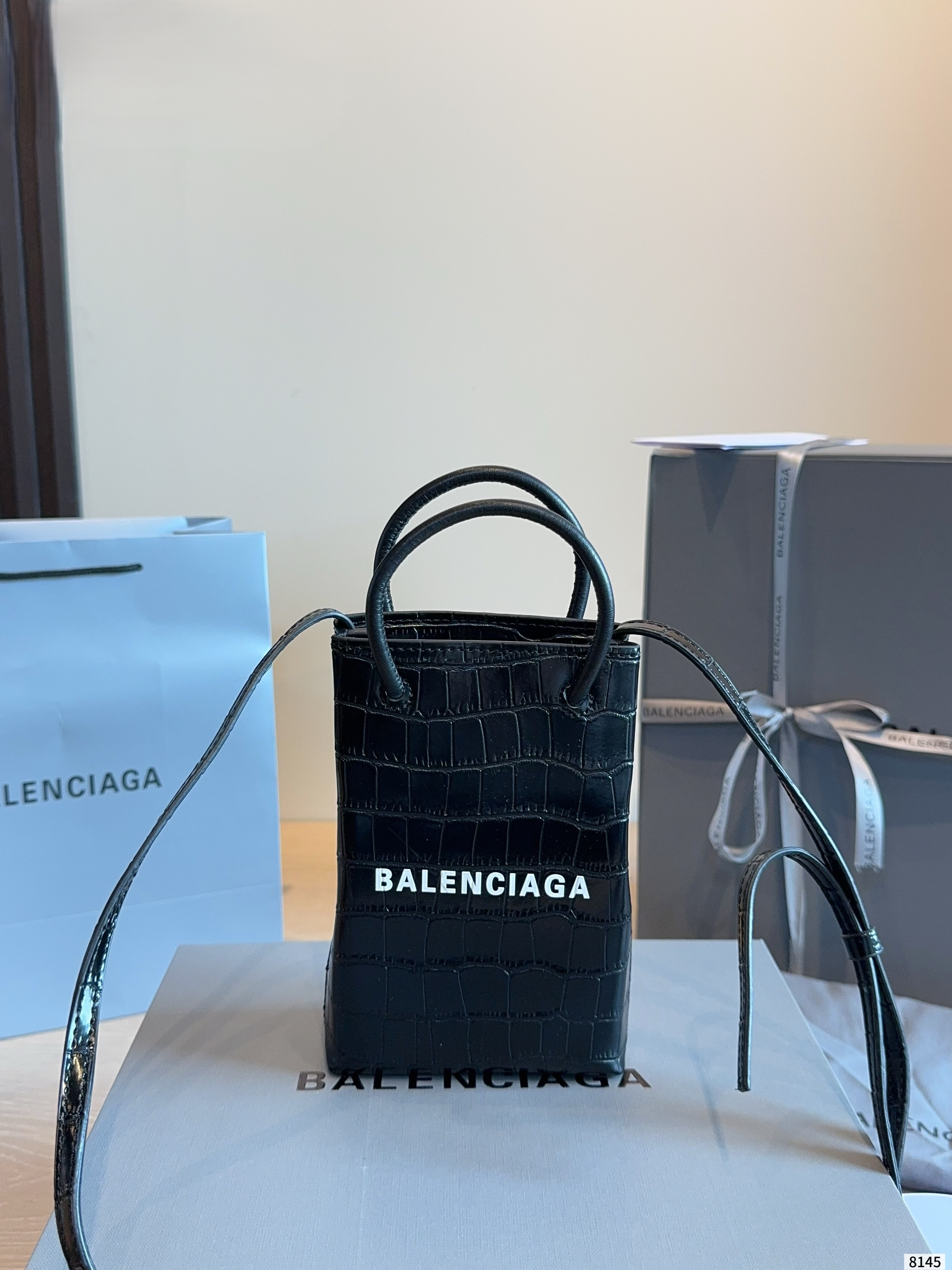 Balenciaga Mini Black Croc-Embossed Leather Phone Crossbody & Top Handle Tote Bag - KAIROO