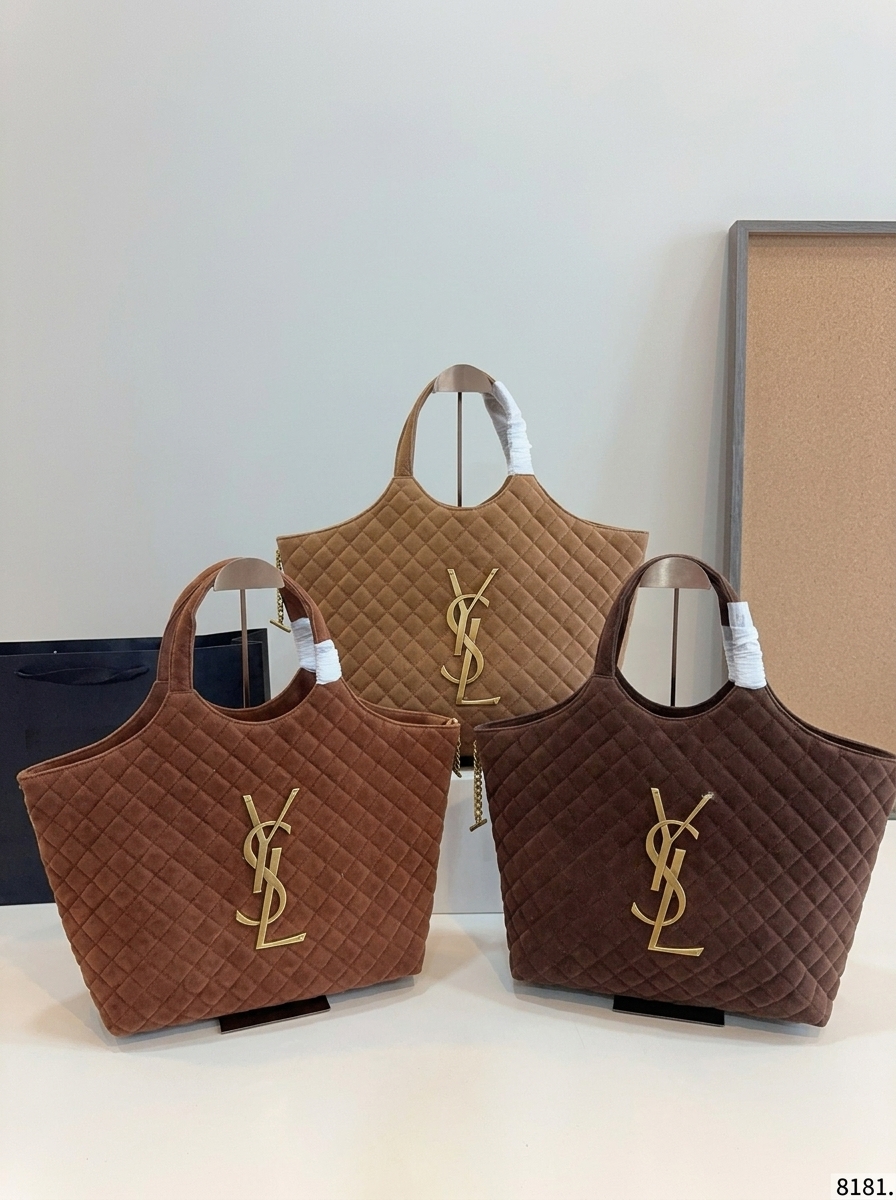 Saint Laurent YSL Icare Medium Monogram Quilted Suede Leather Shopping Tote Bag With Pouch - KAIROO