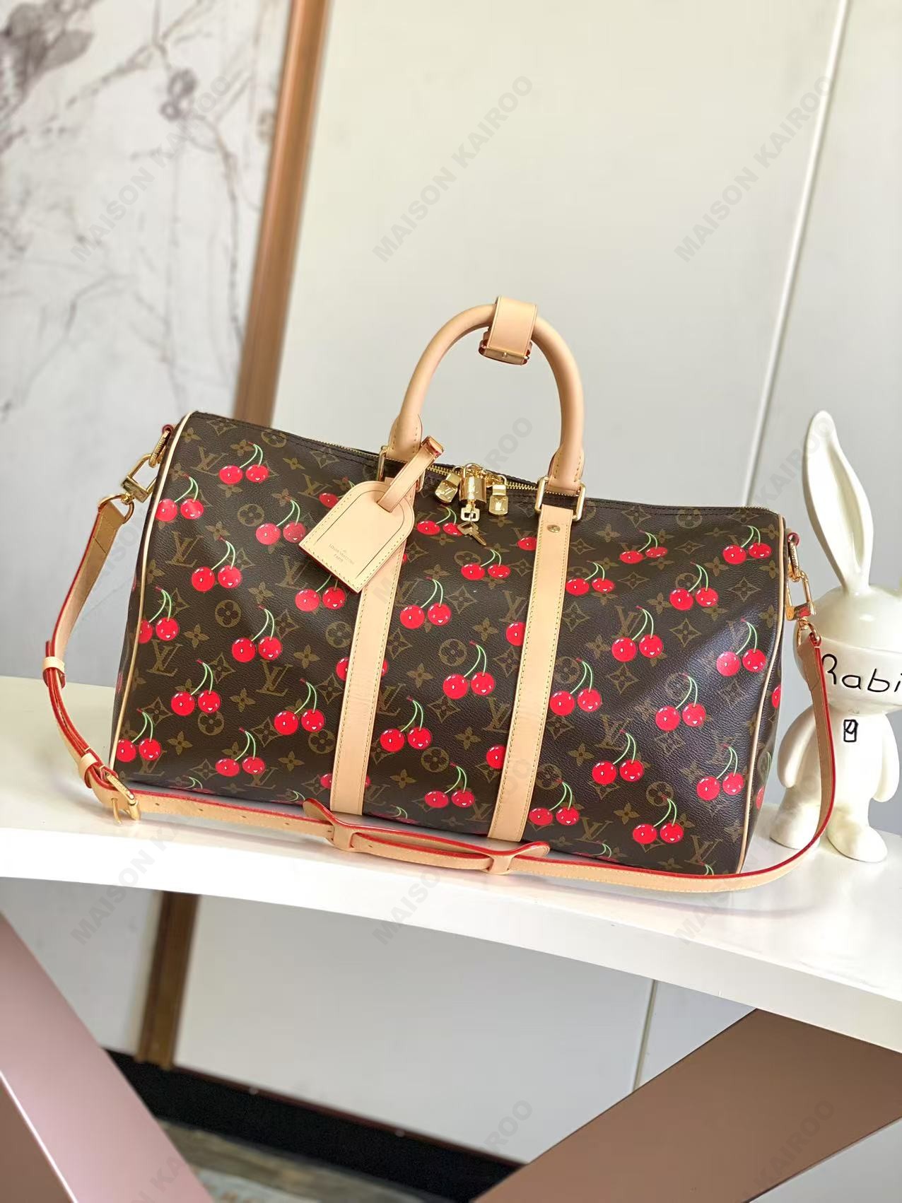 Louis Vuitton LV x TM Keepall Bandouliere 45 Brown Cerises Monogram Coated Canvas Travel Bag - KAIROO