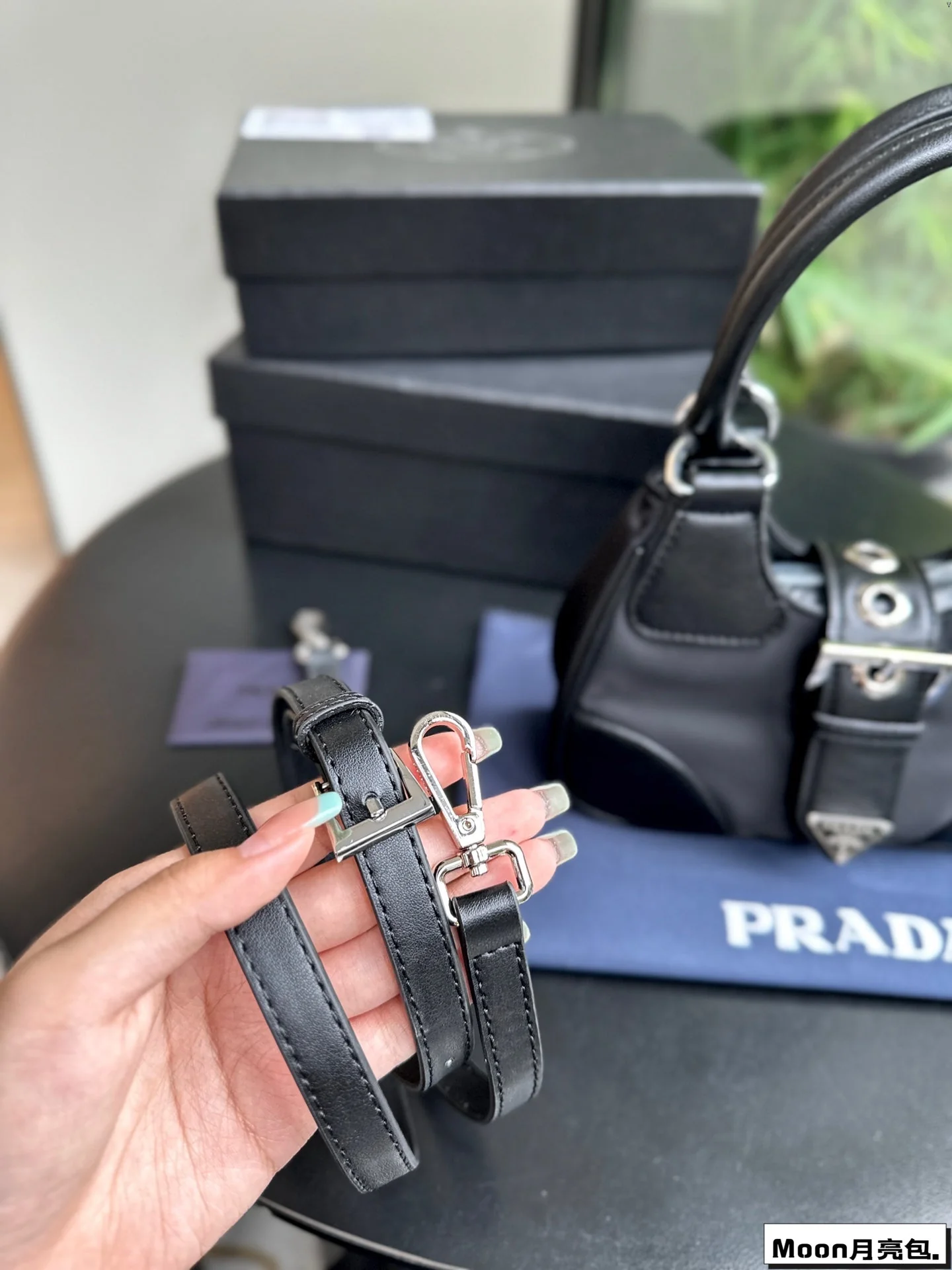Prada 22 MOON PADDED BAG IN BLACK CALFSKIN WITH STRAP
