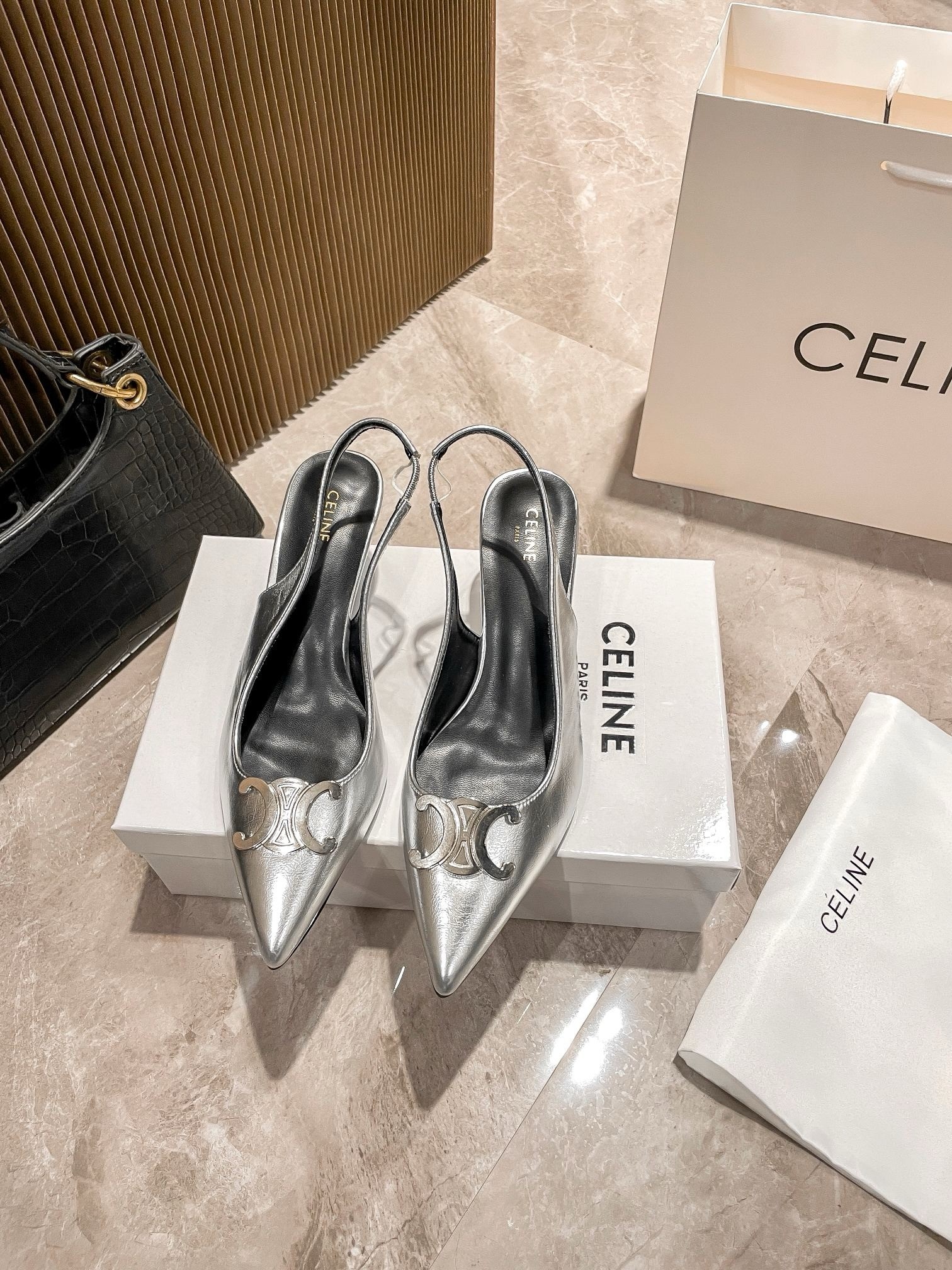 Celine Metallic Triomphe Logo Polished Leather Pointed Toe Kitten Heel Slingback Sandals - KAIROO