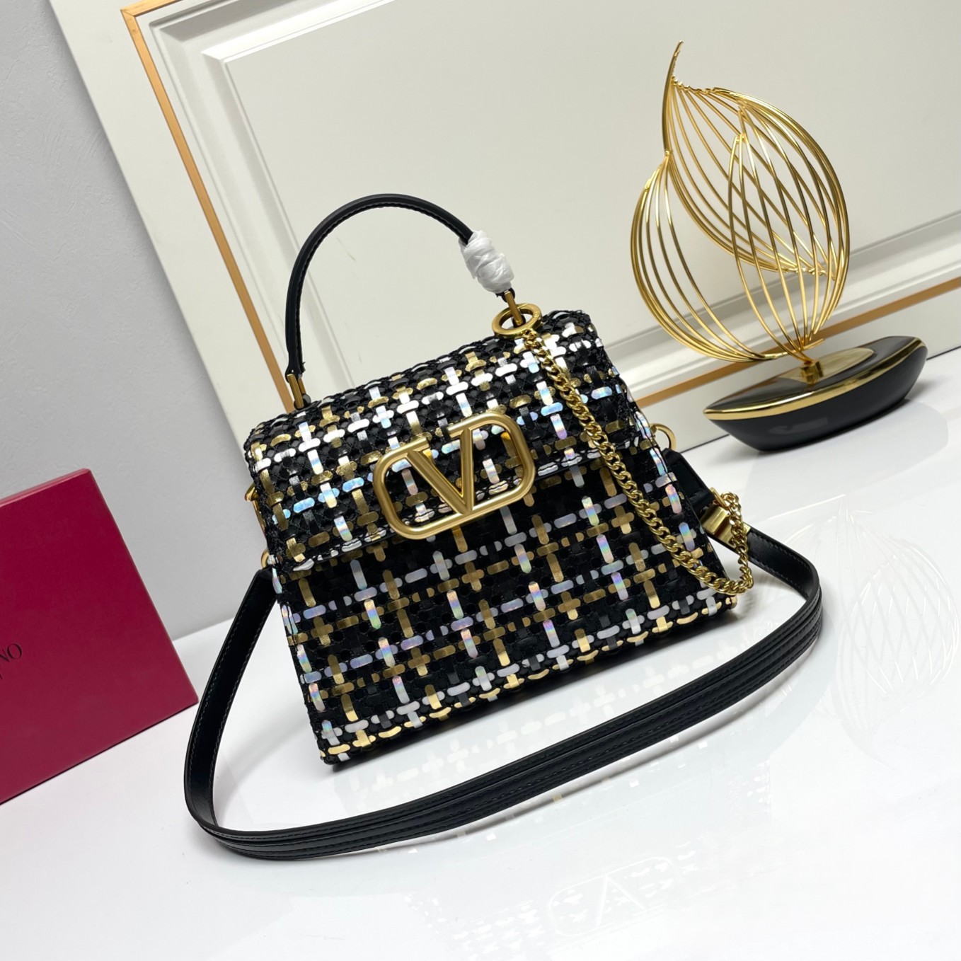 Valentino VLogo Signature Gold Silver Embroidered Woven Leather Top Handle Shoulder Crossbody Bag - KAIROO