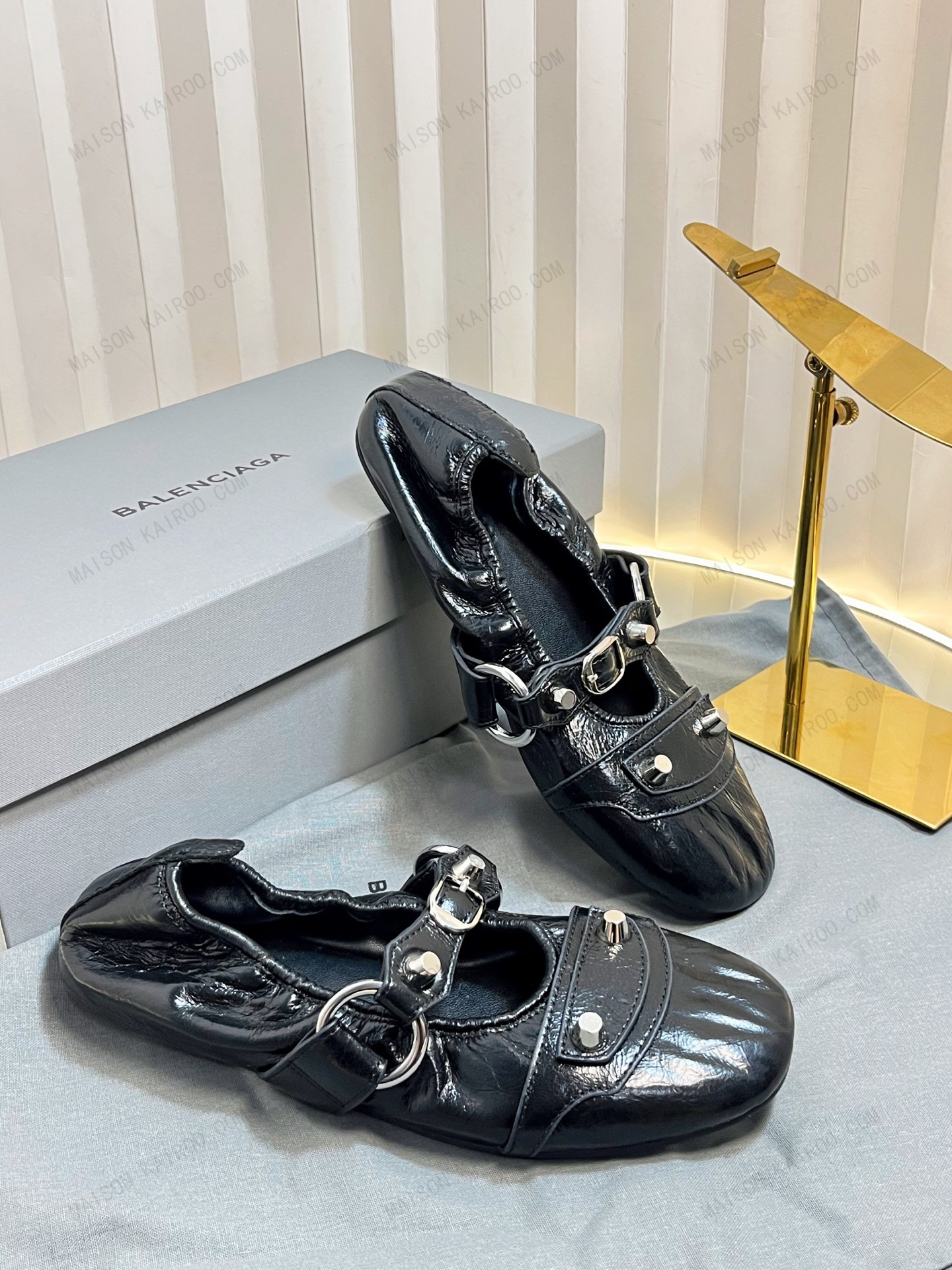 Balenciaga Le Cagole Arena Black Studded Crinkled Leather Buckle Strap Mary Jane Ballerina Flats - KAIROO