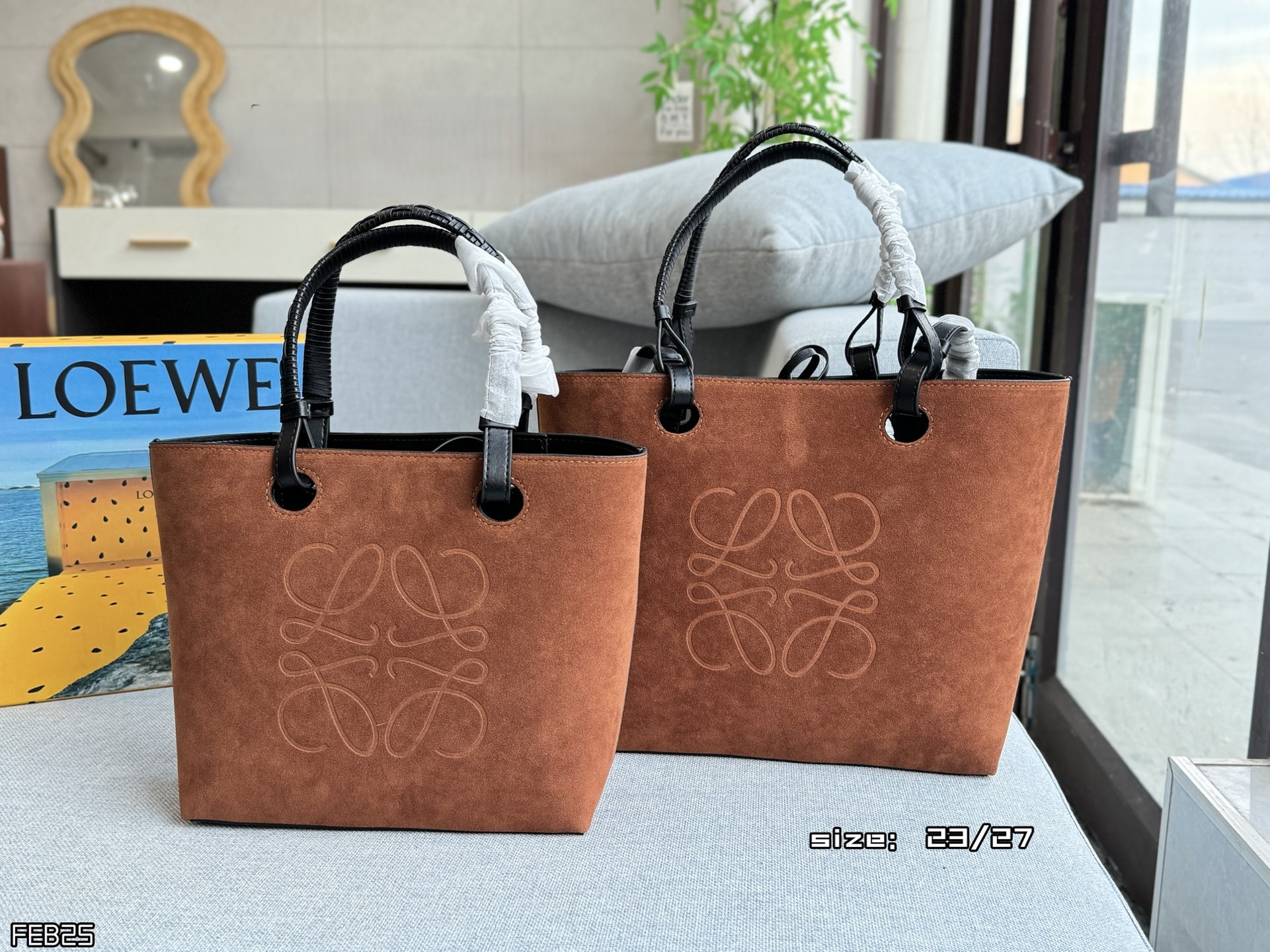 Loewe Small & Medium Anagram Embroidered  Logo Suede Leather Twin Woven Handles Tote Bag - KAIROO