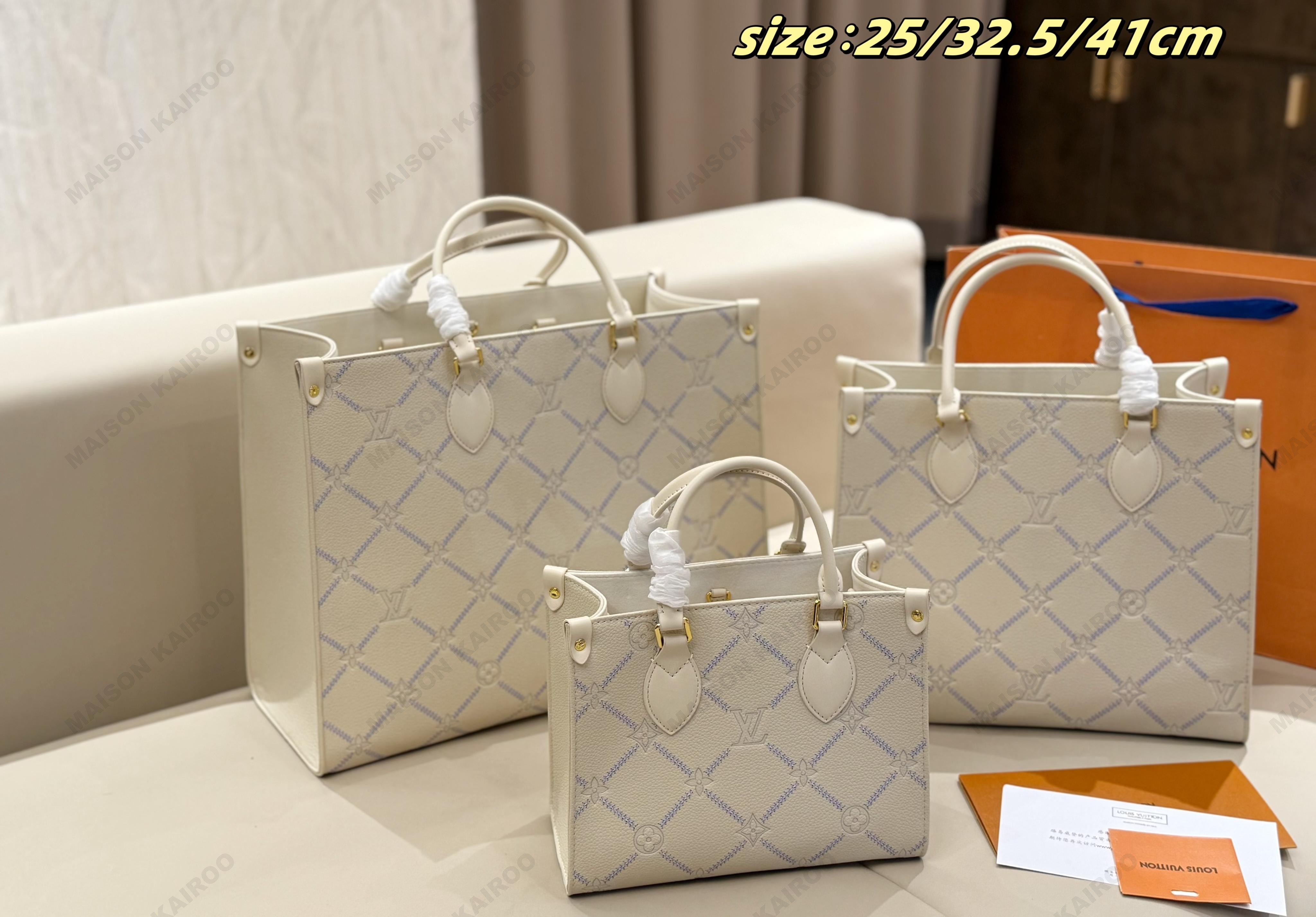 Louis Vuitton LV OnTheGo PM/MM/GM Beige Blue Diamond Stitch Monogram Empreinte Leather Top Handle Tote Bag - KAIROO