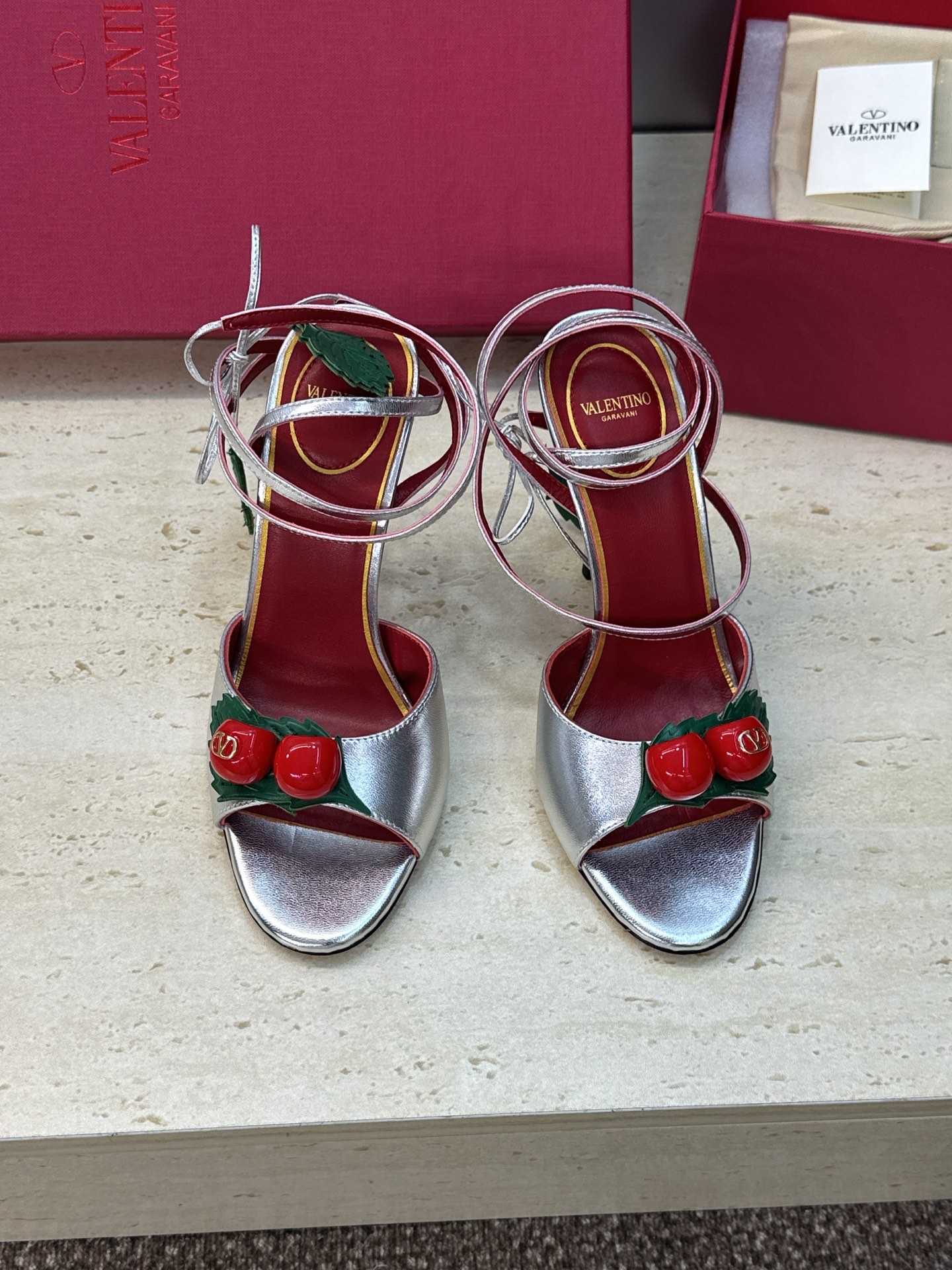 Valentino Garavani Silver Cherry Leather Leaf Charm Metallic Leather Stiletto Toe Heel Sandals - KAIROO
