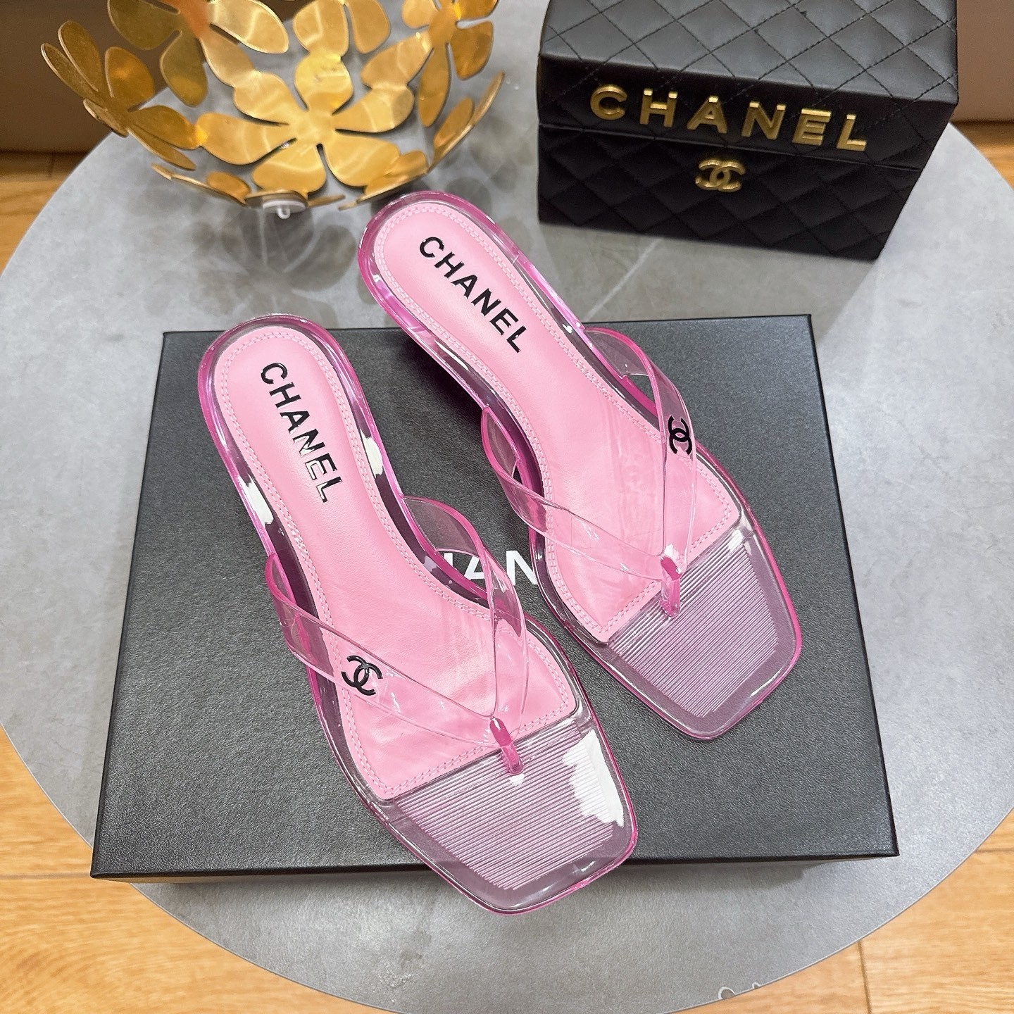 Chanel CC Logo Transparent PVC Jelly Square Toe Kitten Heel Beach Thong Sandals - KAIROO