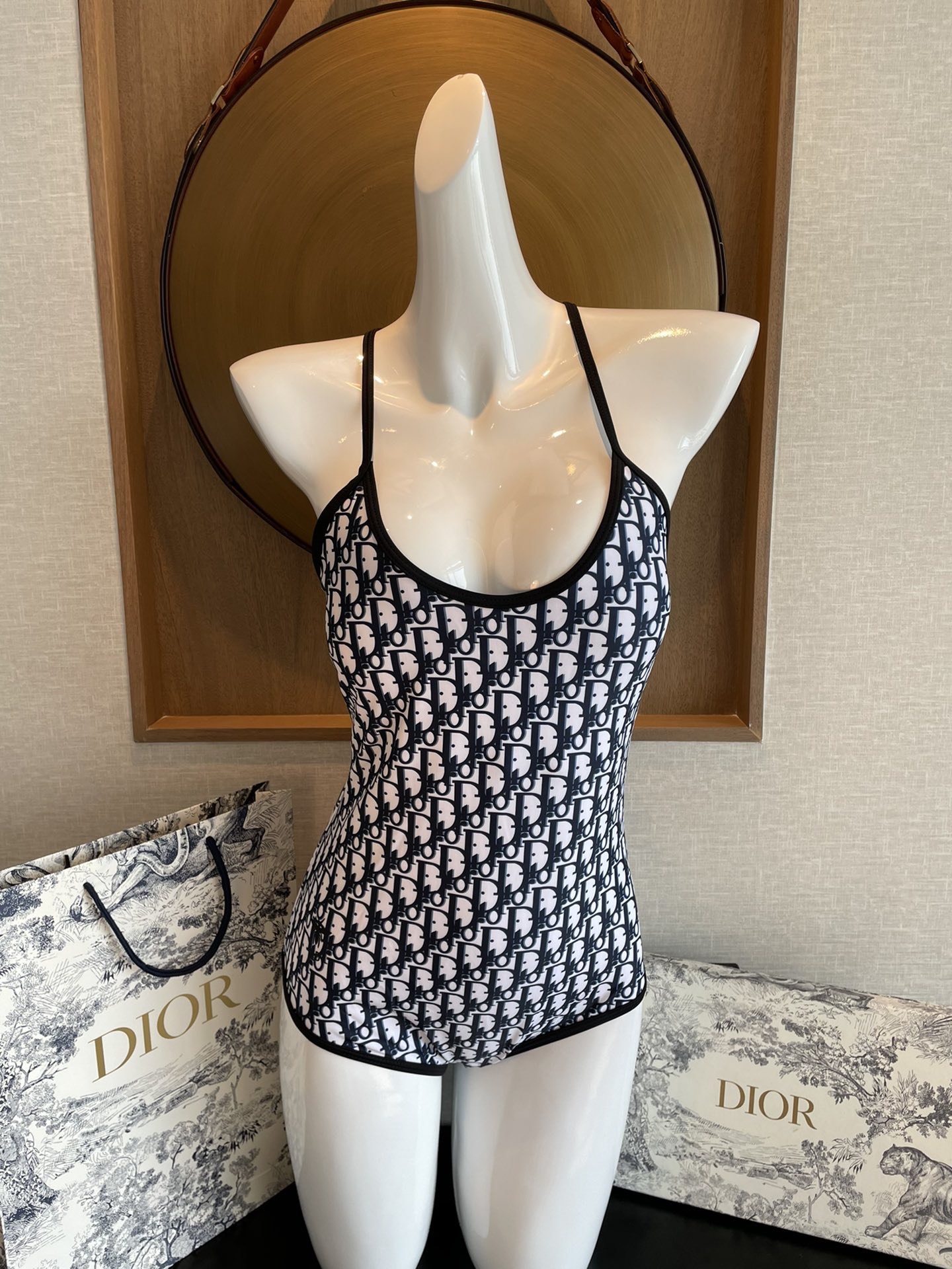 Dior Black Oblique Monogram Print V-Neck One-Piece Swimsuit - KAIROO