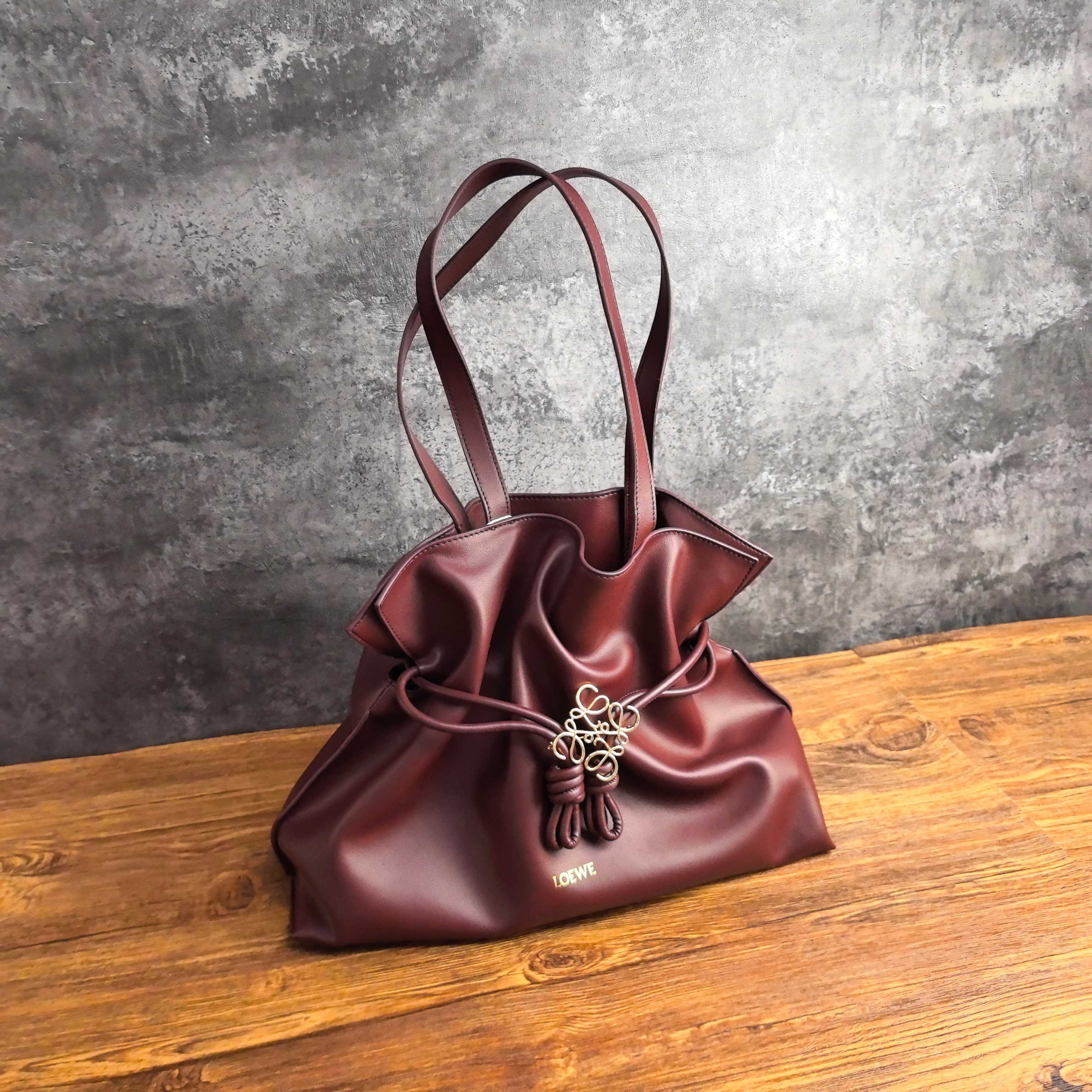 Loewe Burgundy XL Flamenco Clutch Drawstring Knots Nappa Leather Magnetic Closure Handle Bag - KAIROO