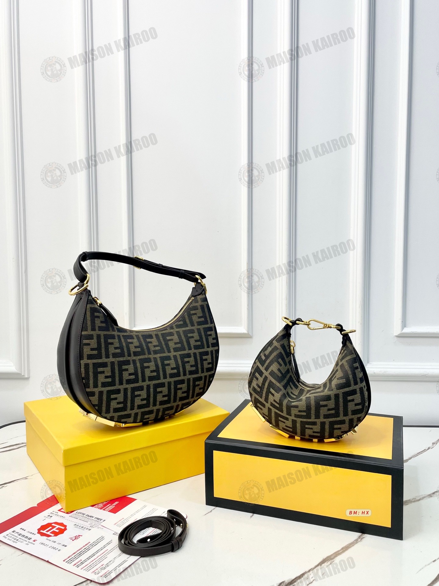Fendi Fendigraphy FF Mini/Small Tobacco Jacquard Crescent Hobo Bottom Gold Lettering Logo Shoulder Bag - KAIROO