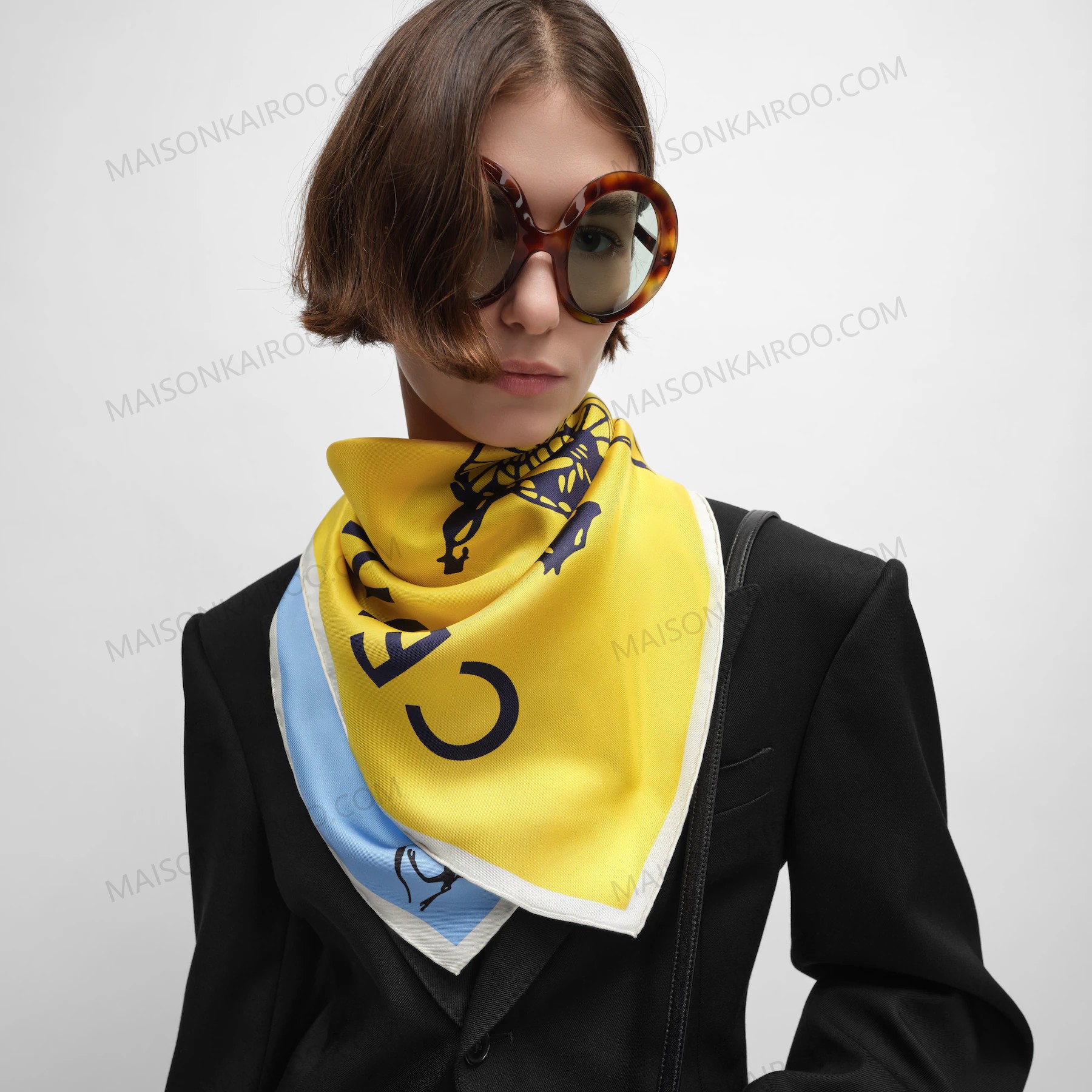 Celine Yellow & Blue Color Block Carriage Square Scarf - KAIROO