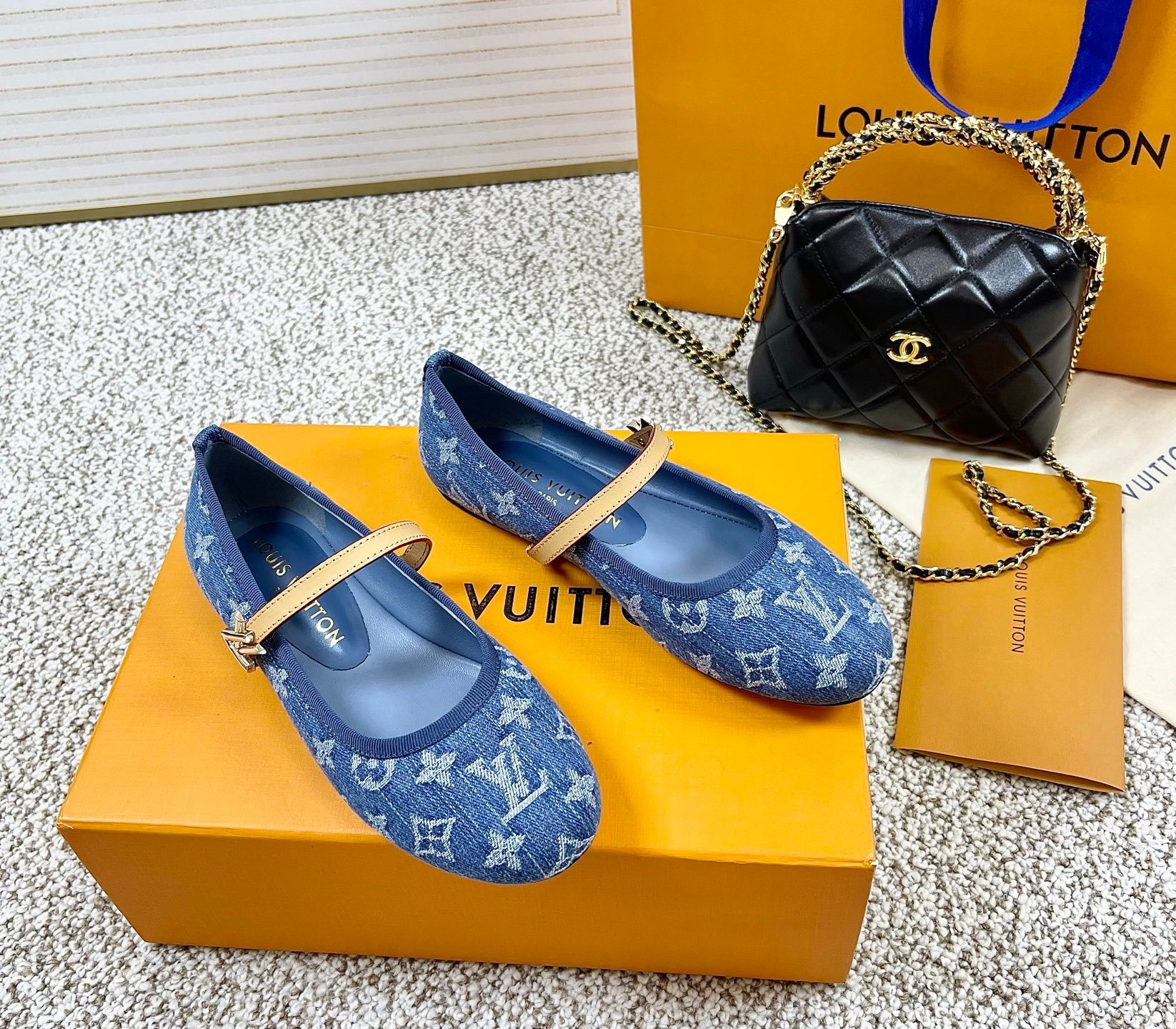 Louis Vuitton LV Monogram Denim Romy Leather Strap Gold LV Twist Buckle Strap Joy Mary Jane Flats - KAIROO