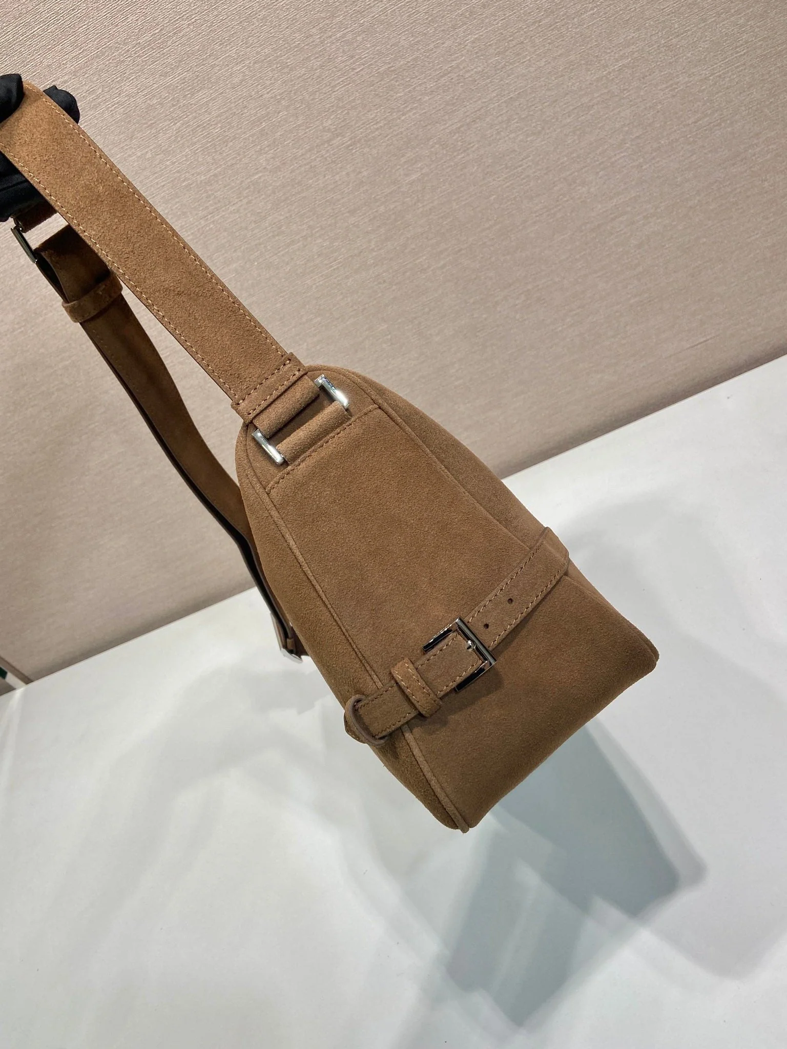 Prada HOBO BAG 35 IN GINGERBREAD SUEDE SILVER LOGO