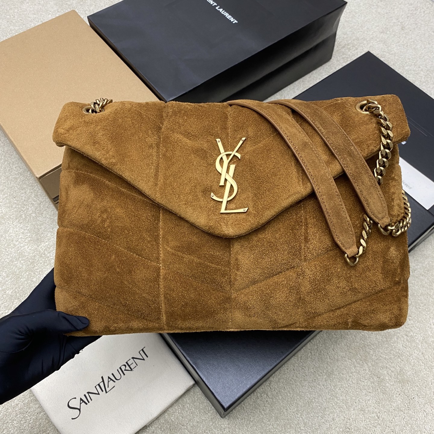 YSL Saint Cream Denim Medium Puffer Bag in Suede Leather 577475